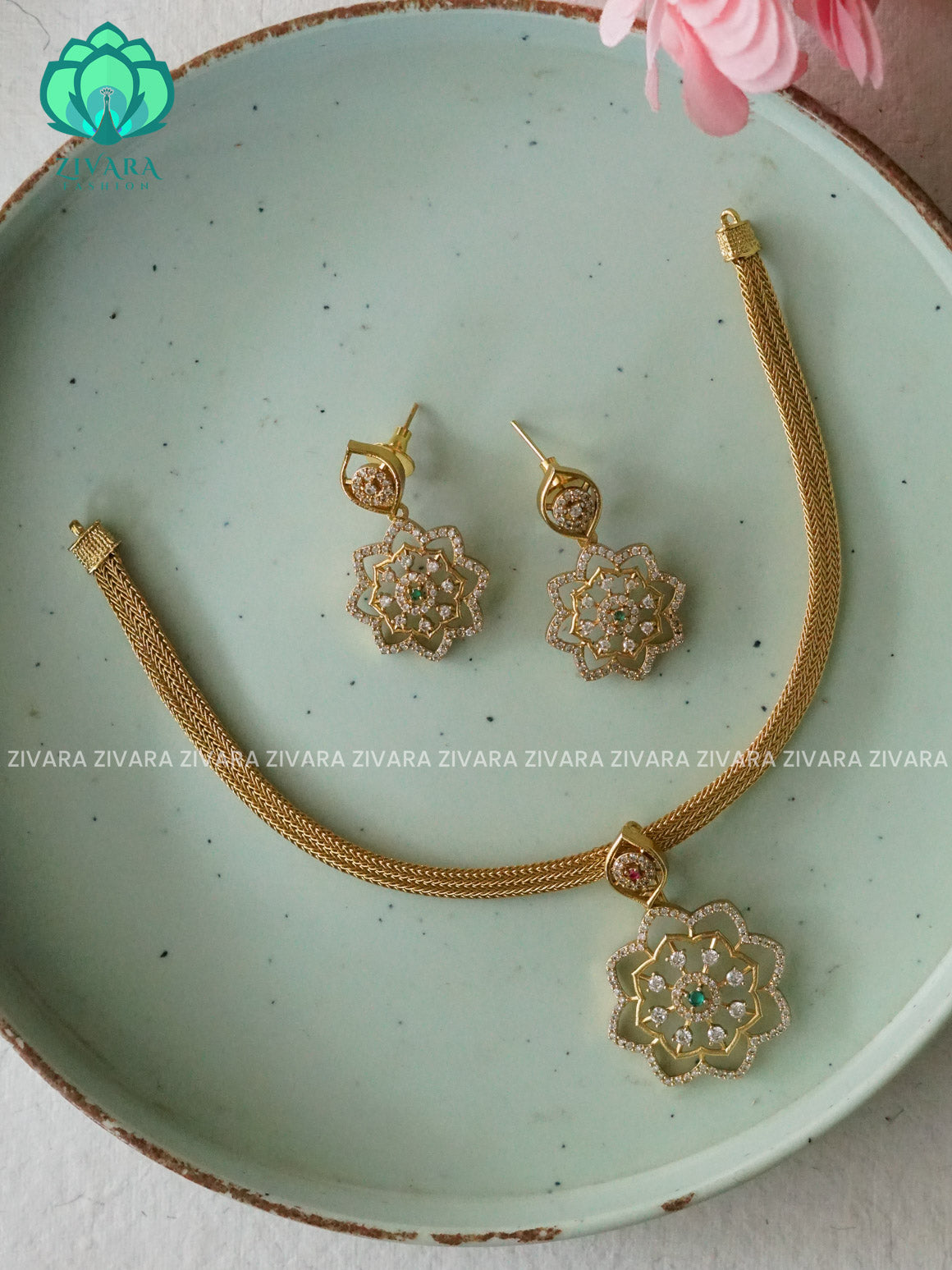 GREEN Flexible chain and STAR  pendant   -Traditional south indian premium neckwear WITH earrings- Zivara Fashion- latest jewellery design