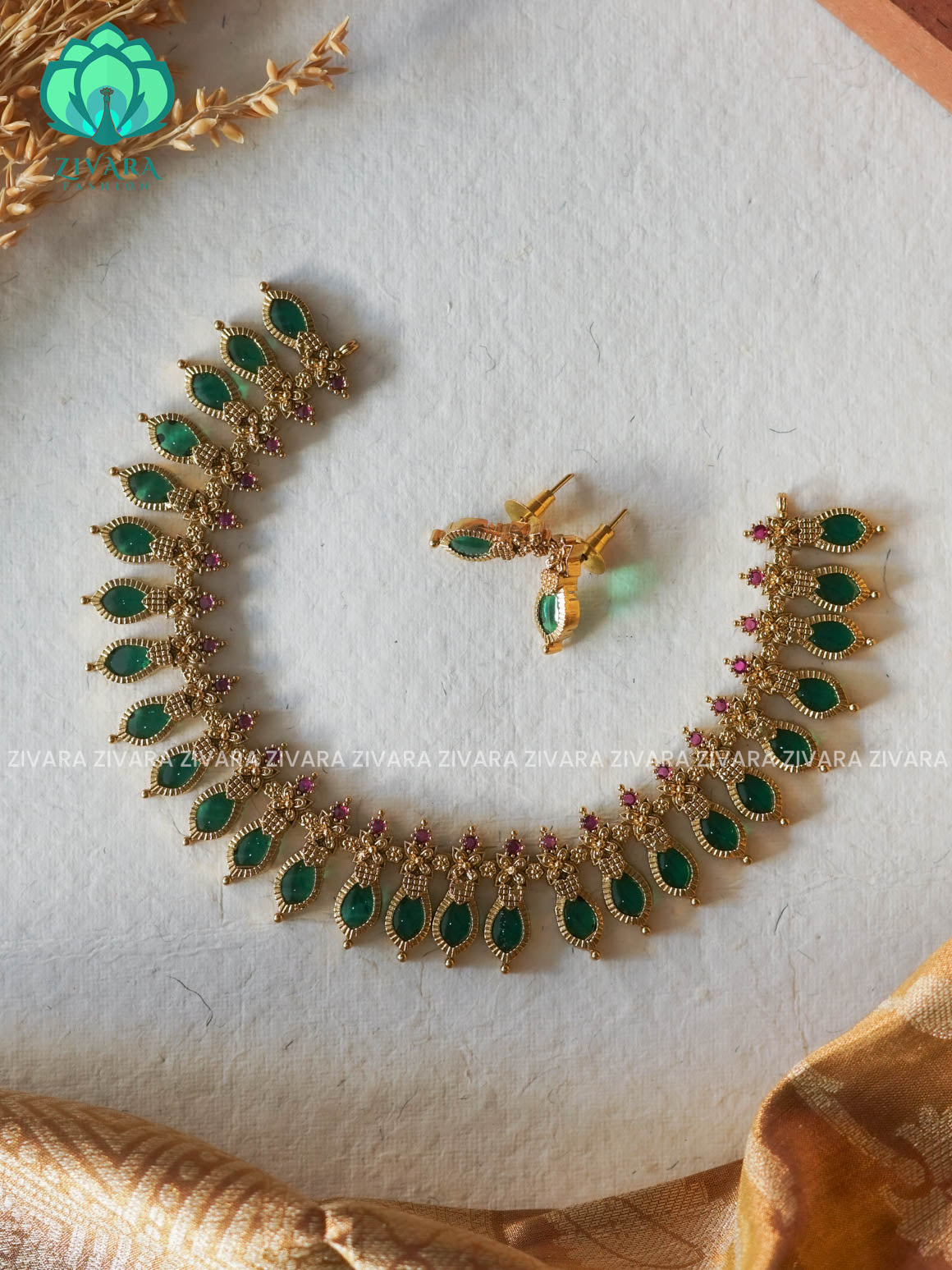 ANANYA SERIES - GREEN PALAKKA Flexible- Traditional south indian NORMAL MATTE neckwear with earrings - Zivara Fashion