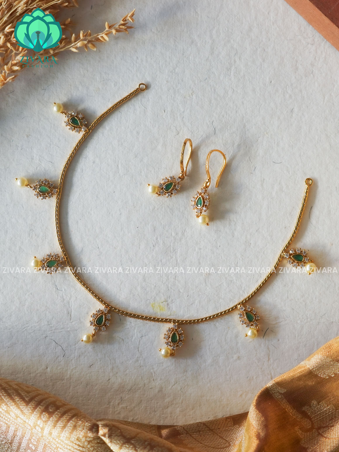 GREEN TEAR- FLEXIBLE CHAIN WITH HANGING -Traditional south indian premium neckwear with earrings- Zivara Fashion- latest jewellery design