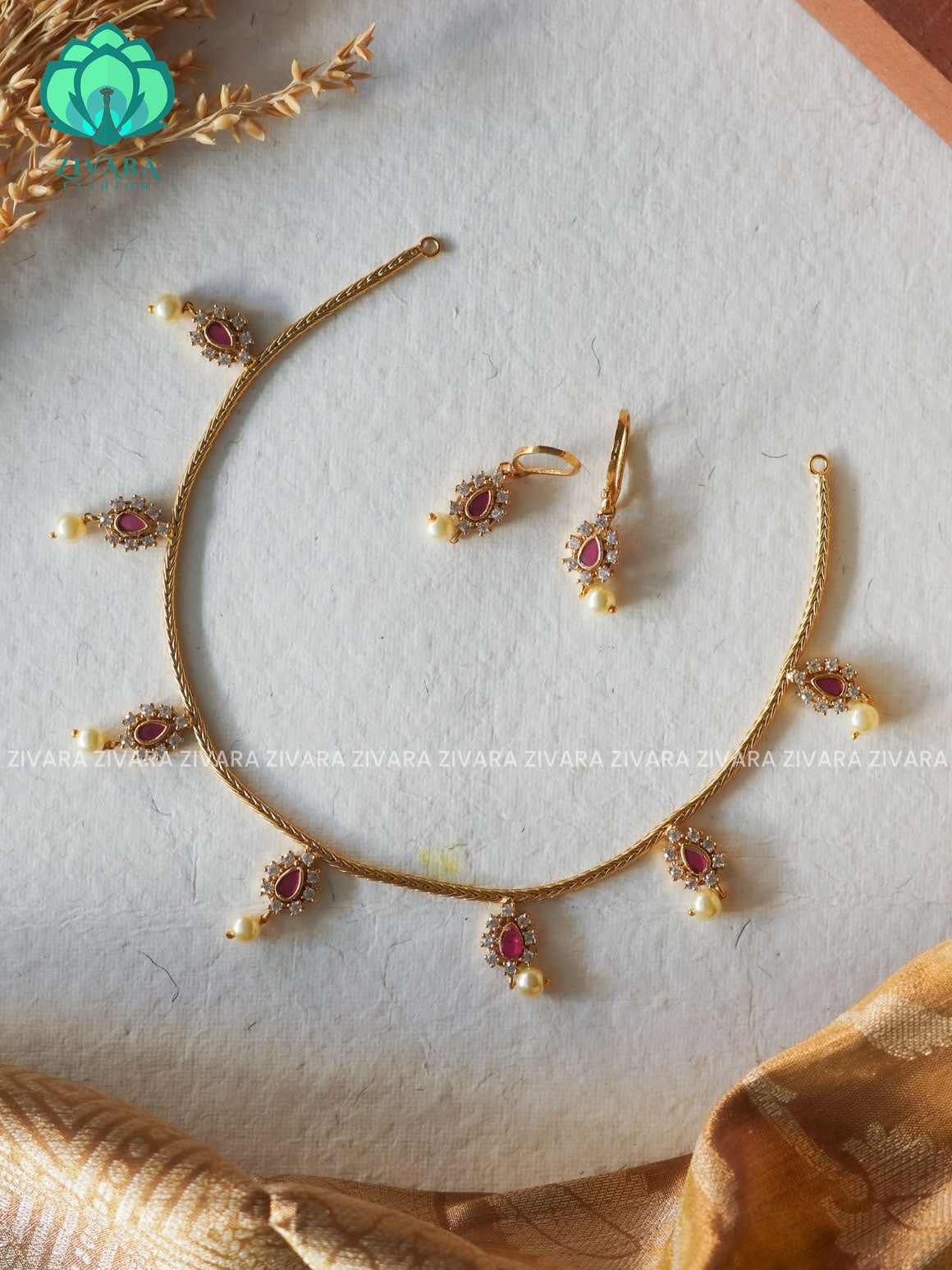 RUBY TEAR- FLEXIBLE CHAIN WITH HANGING -Traditional south indian premium neckwear with earrings- Zivara Fashion- latest jewellery design