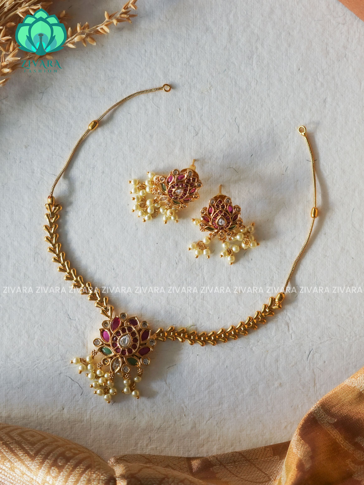 HOT SELLER KIDS FRIENDLY LOTUS PENDANT -Traditional south indian premium neckwear with earrings- Zivara Fashion- latest jewellery design
