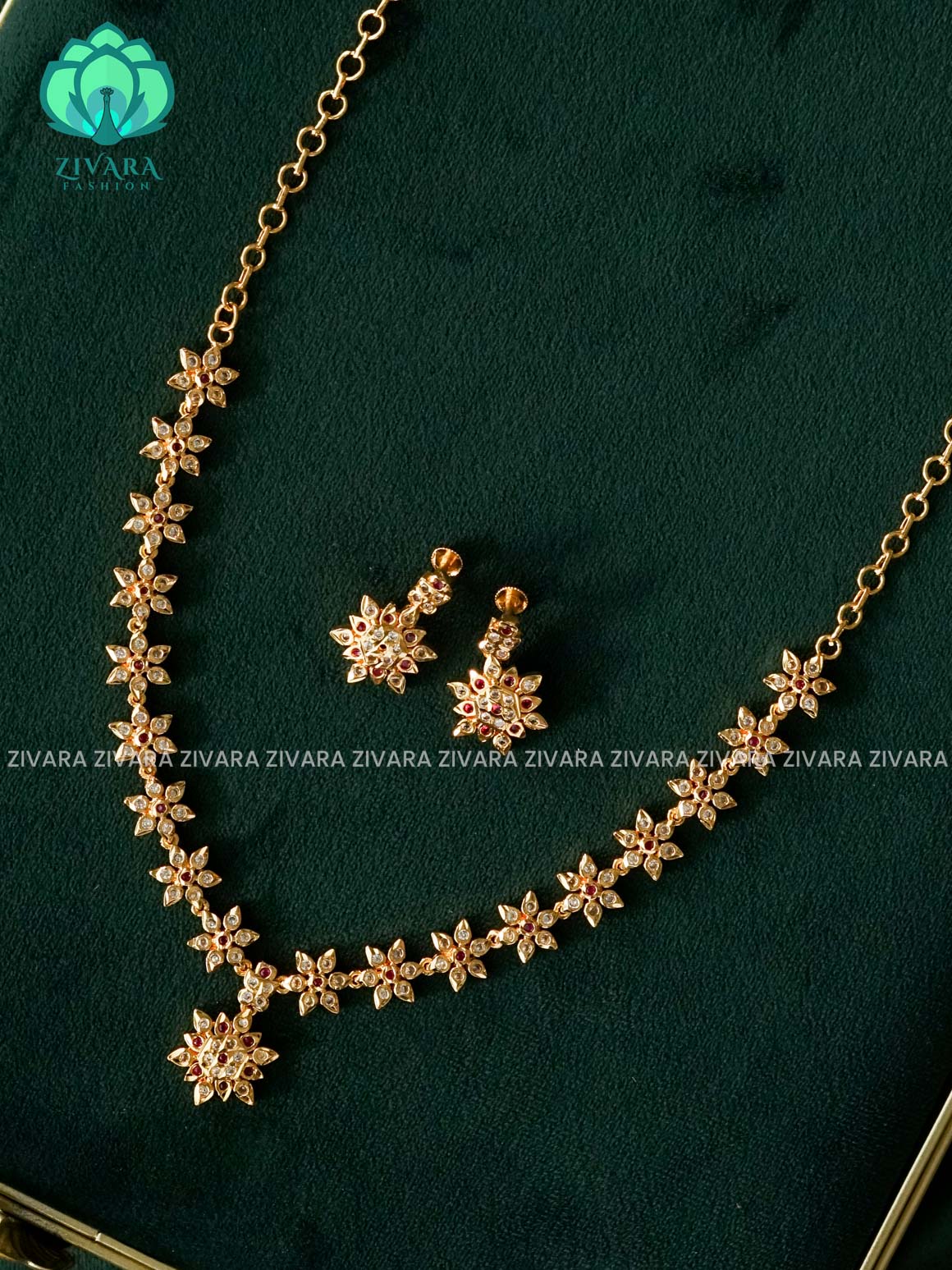 AMBIGAI - RUBY WHITE FLOWER MOTIF MICROGOLD POLISH ATTIGAI  - Zivara Fashion- latest jewellery design