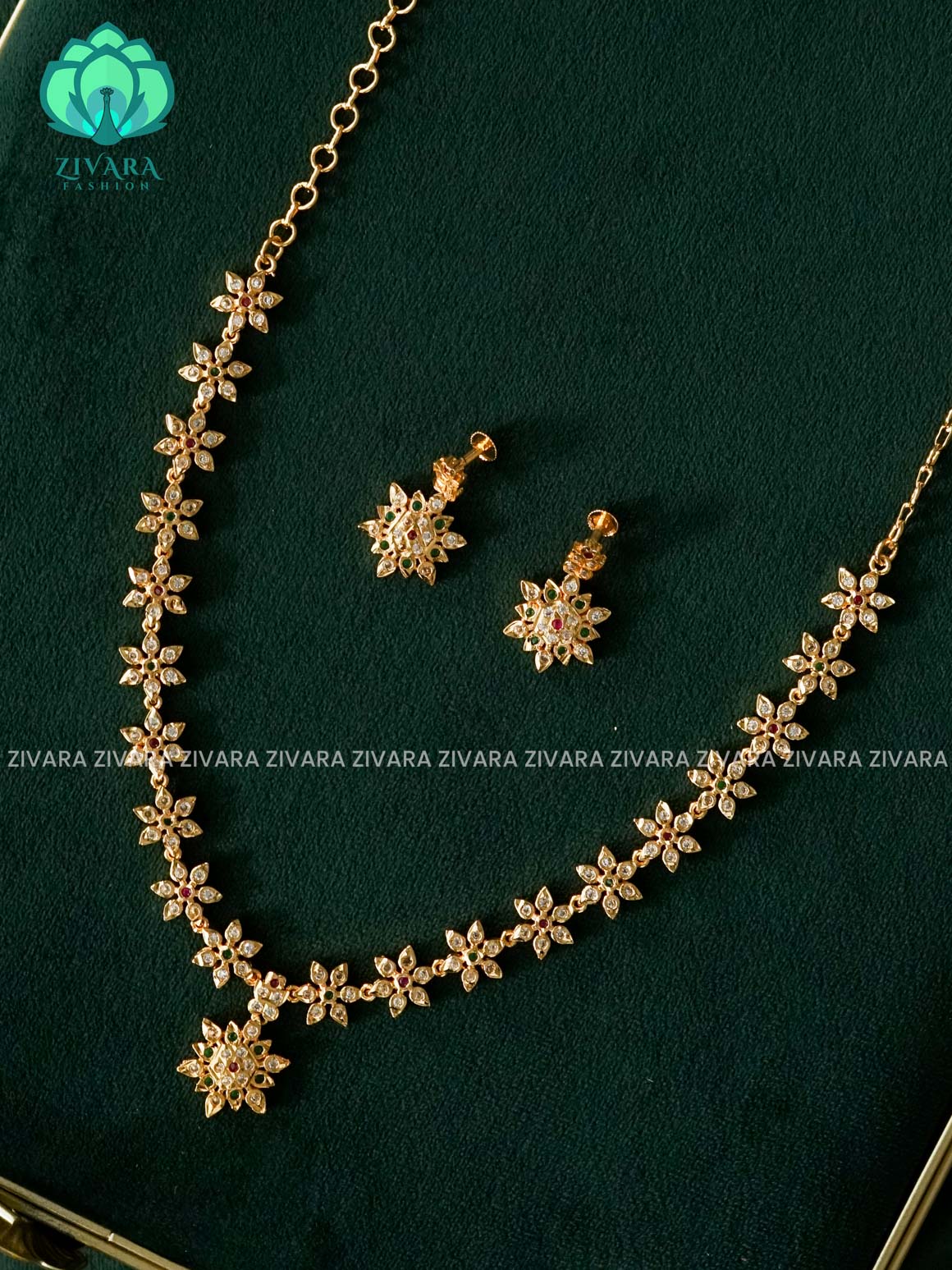 AMBIGAI - RUBY GREEN WHITE FLOWER MOTIF MICROGOLD POLISH ATTIGAI  - Zivara Fashion- latest jewellery design