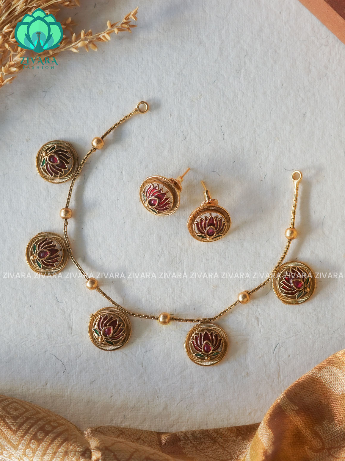 MANJU WARRIER reddish Trending NORMAL MATTE lotus enamel neckwear  - Zivara Fashion- latest jewellery designy