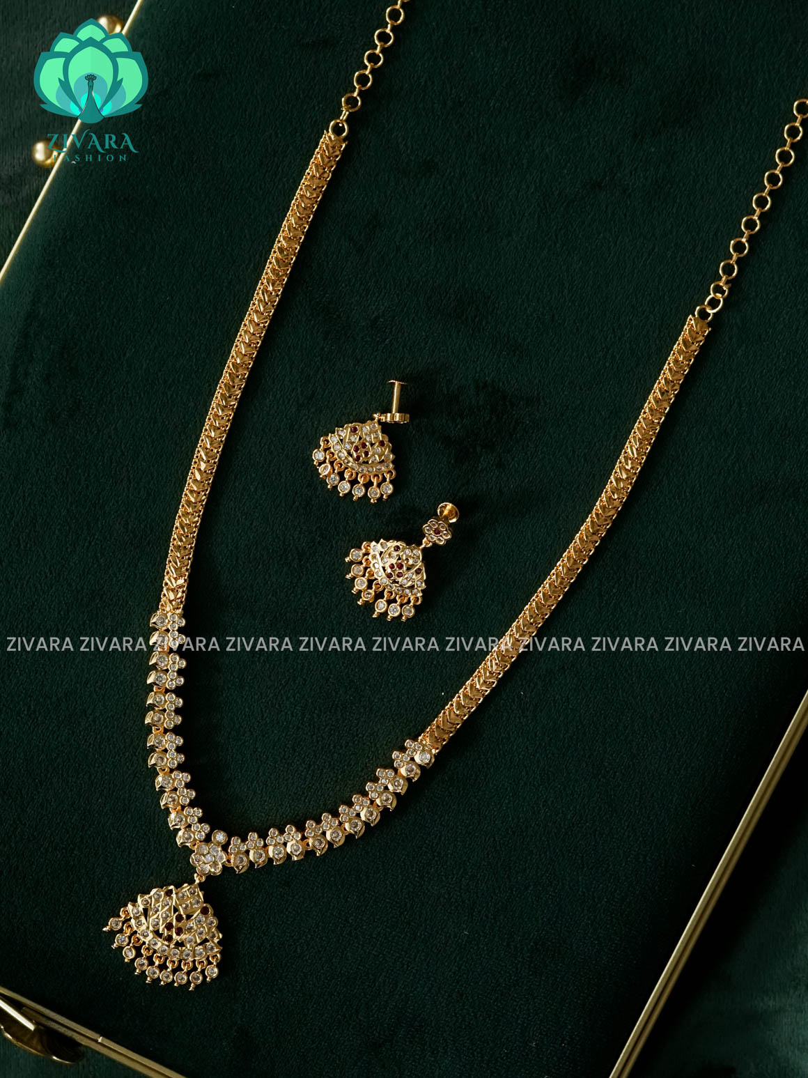AMBIGAI -  RUBY WHITE STONE MANGA  MICROGOLD POLISH LONG HAARAM   -Traditional south indian premium HAARAM- Zivara Fashion- latest jewellery design