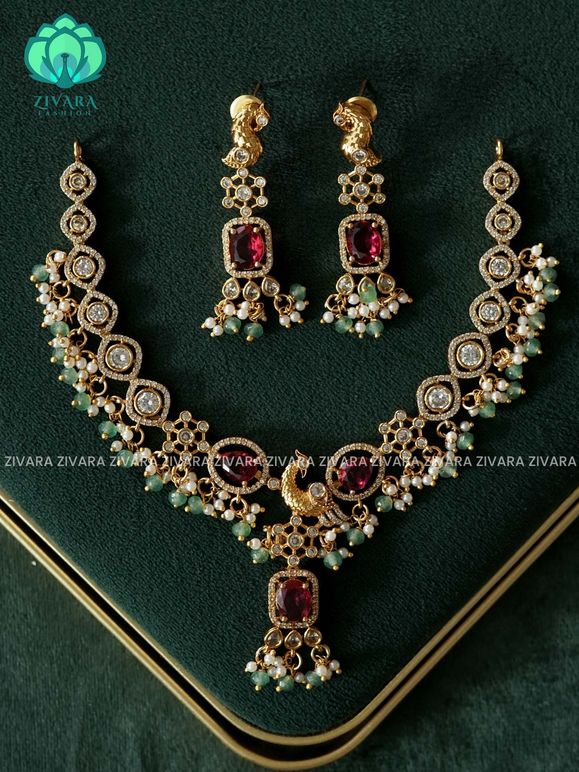 RUBY STONE PEACOCK NECKWEAR WITH GREEN BEADS HANGINGS  - Premium quality CZ Matte collection-south indian jewellery