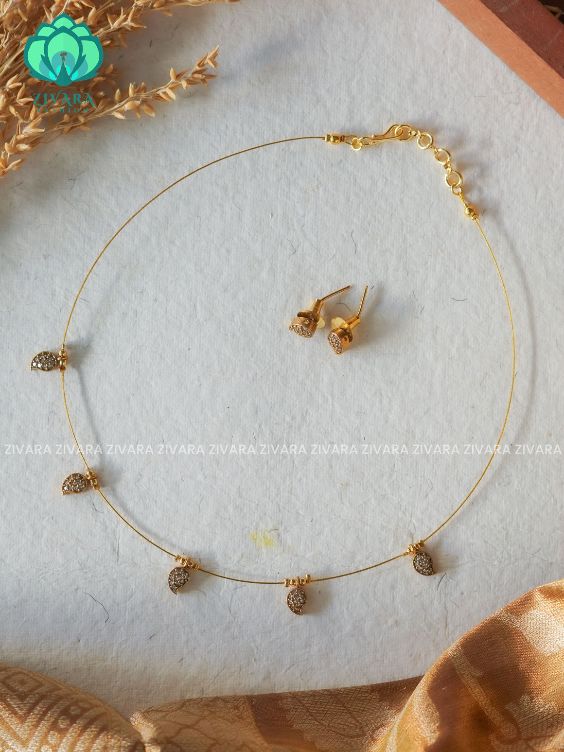 WHITE STONE - mango leaf  TAMARA INVISIBLE MINIMAL ELEGANT HANDMADE NECKLACE WITH BRILLIANT FINISH MOTIFS- ZIVARA FASHION