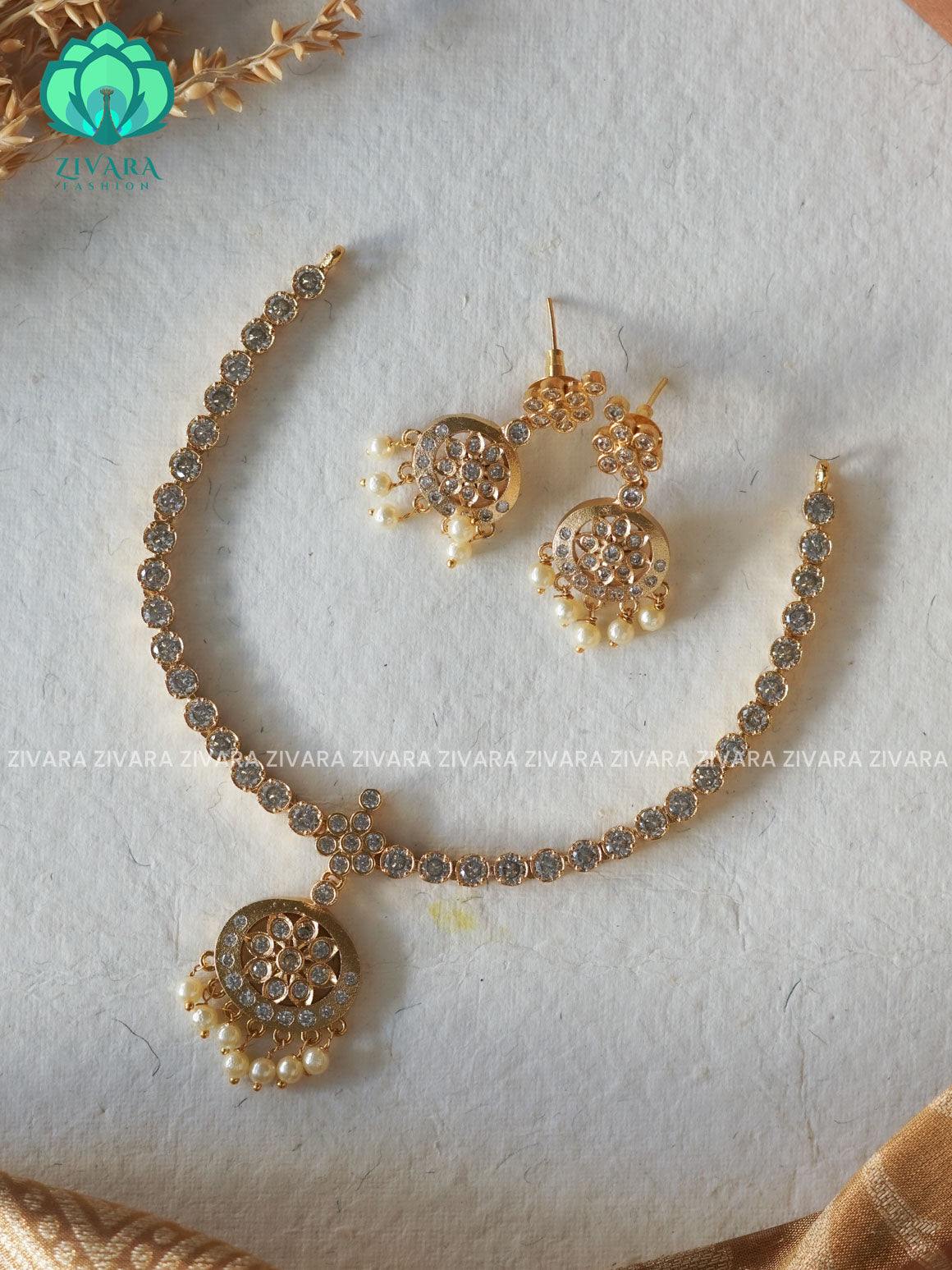 EVERGREEN MATTE FINISH WHITE stone attigai-Traditional south indian premium neckwear with earrings- Zivara Fashion- latest jewellery design.