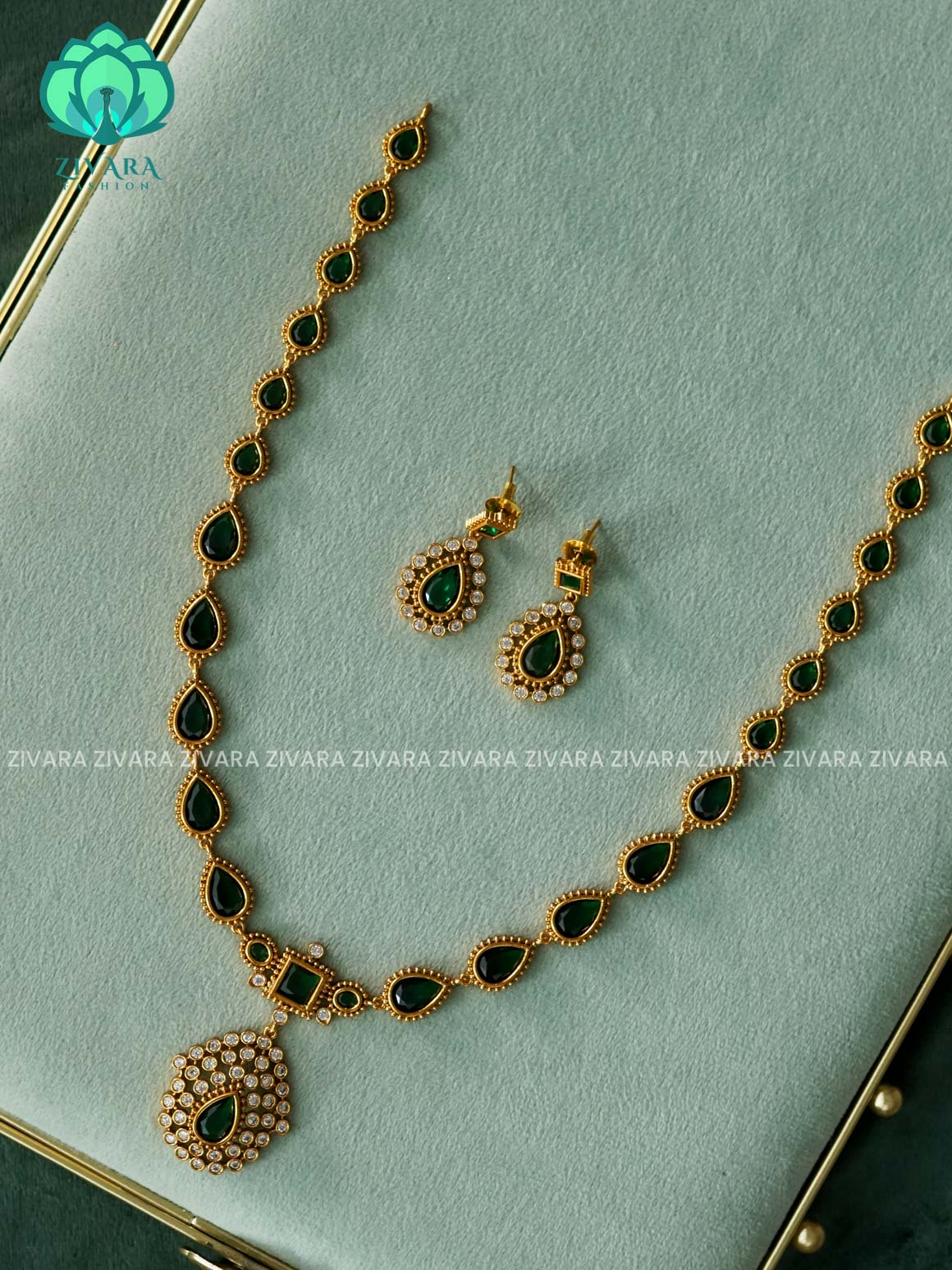 jyothika mam inspired green stone neckwear  - Traditional PREMIUM MATTE GOLD  polish MIDCHEST haaram/neckwear with earrings- Zivara Fashion