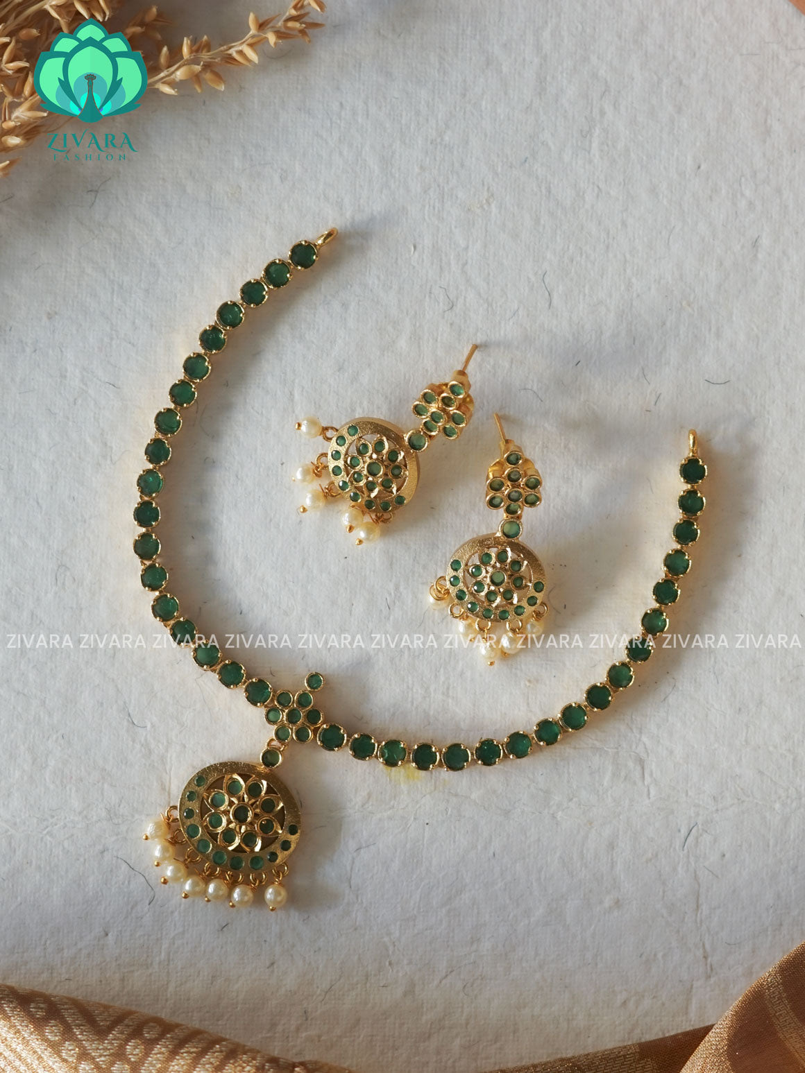 EVERGREEN MATTE FINISH Green stone attigai-Traditional south indian premium neckwear with earrings- Zivara Fashion- latest jewellery design.