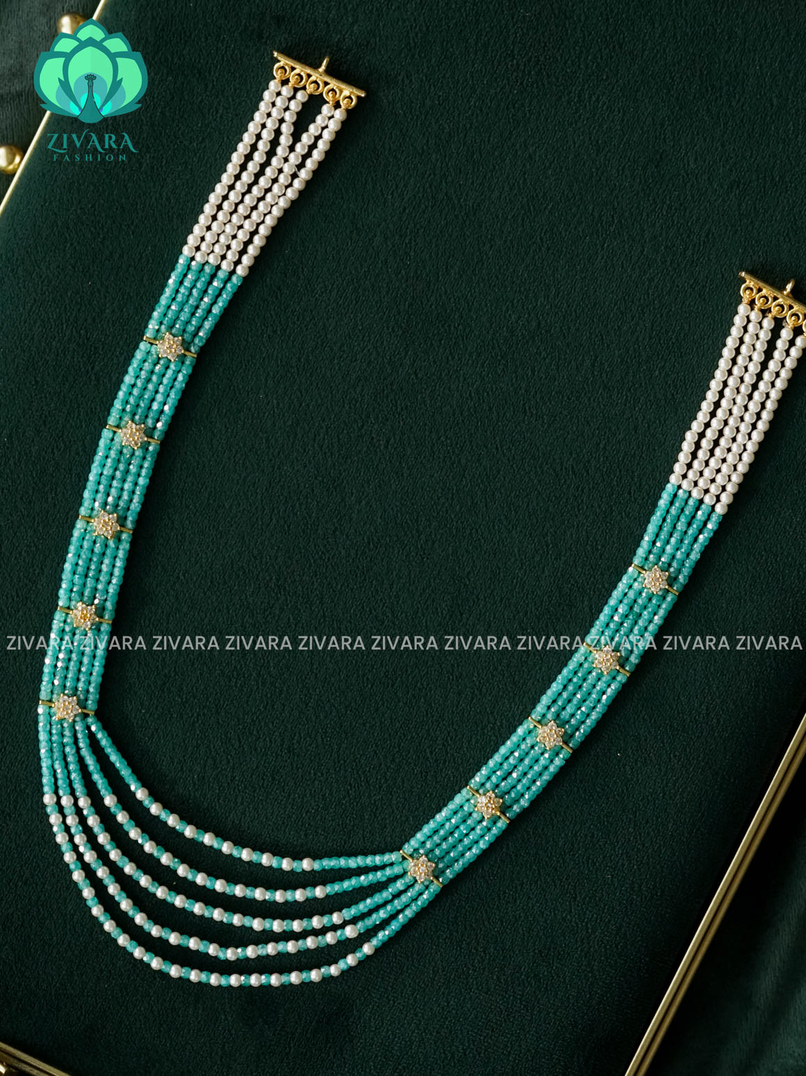 AQUA BLUE crystal beads and WHITE PEARL beads Layered neckwear - Traditional PREMIUM MATTE polish MIDCHEST haaram/neckwear with earrings- Zivara Fashion