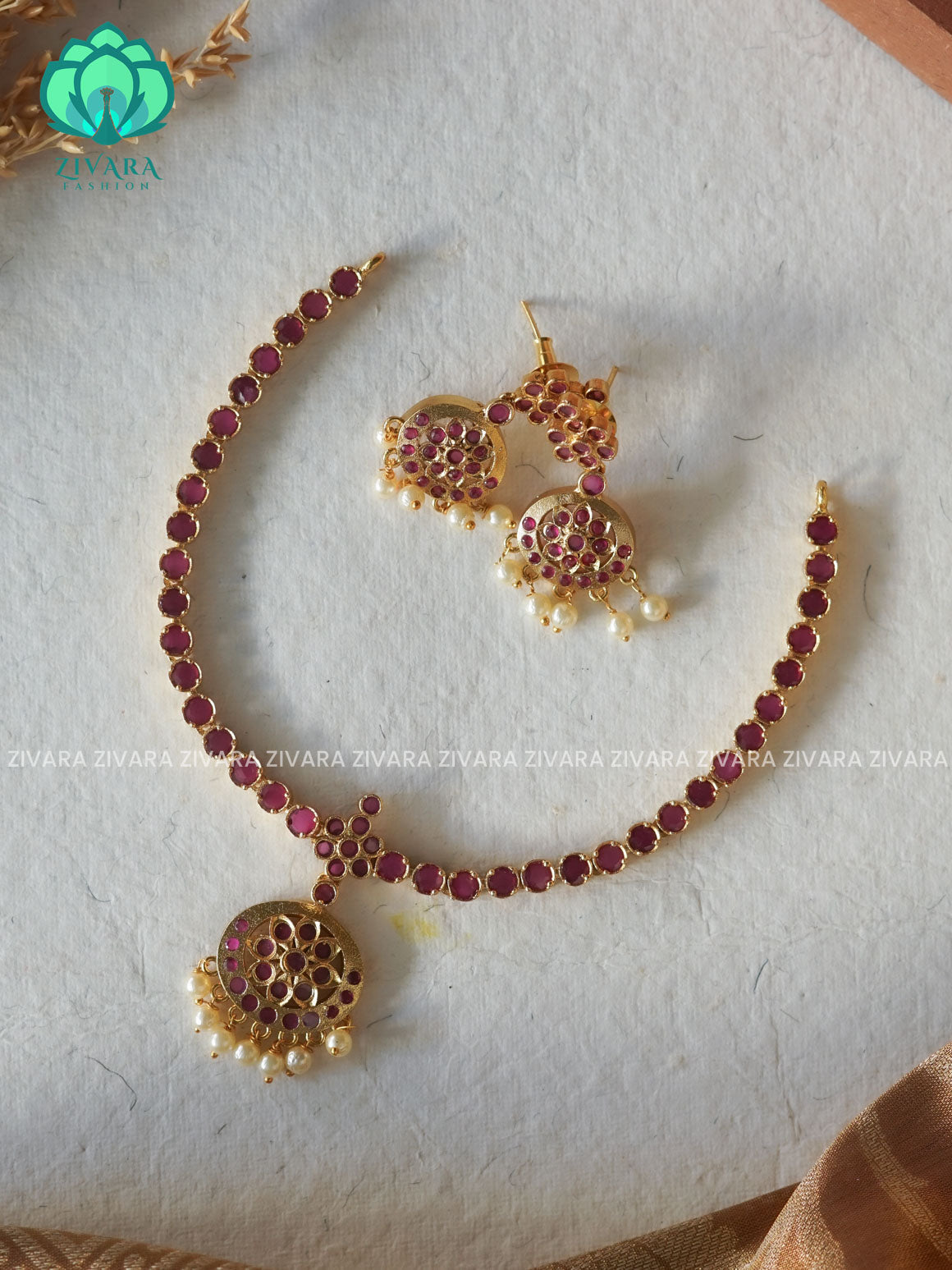 EVERGREEN MATTE FINISH RUBY stone attigai-Traditional south indian premium neckwear with earrings- Zivara Fashion- latest jewellery design.