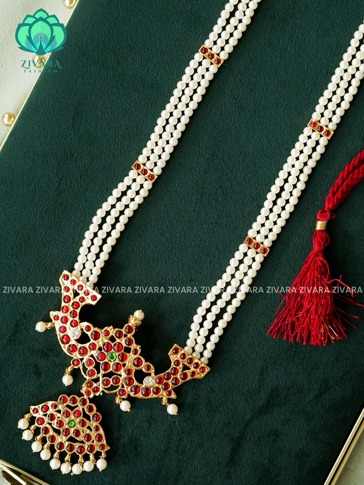 RED AND GREEN- RUKMANI- MOTIF HAARAM HANDMADE LONG NECKWEAR- latest kemp dance jewellery collection