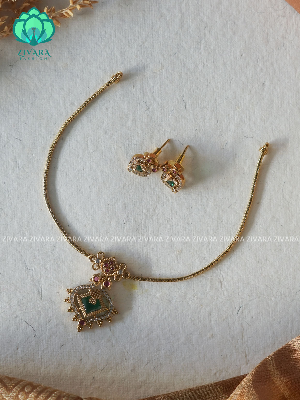 ANANYA SERIES - GREEN PALAKKA Flexible chain- Traditional south indian NORMAL MATTE neckwear with earrings - Zivara Fashion