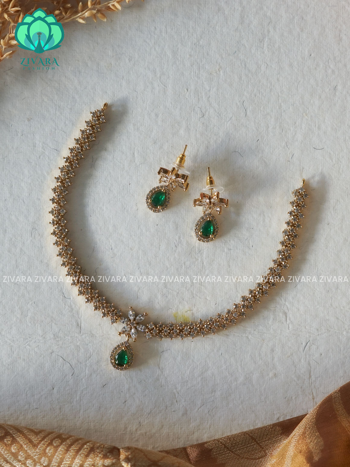 GREEN   HOTSELLING TEAR DROP  -PREMIUM SUBTLE GOLD FINISH  stylish and minimal elegant neckwear with earrings- Zivara Fashion