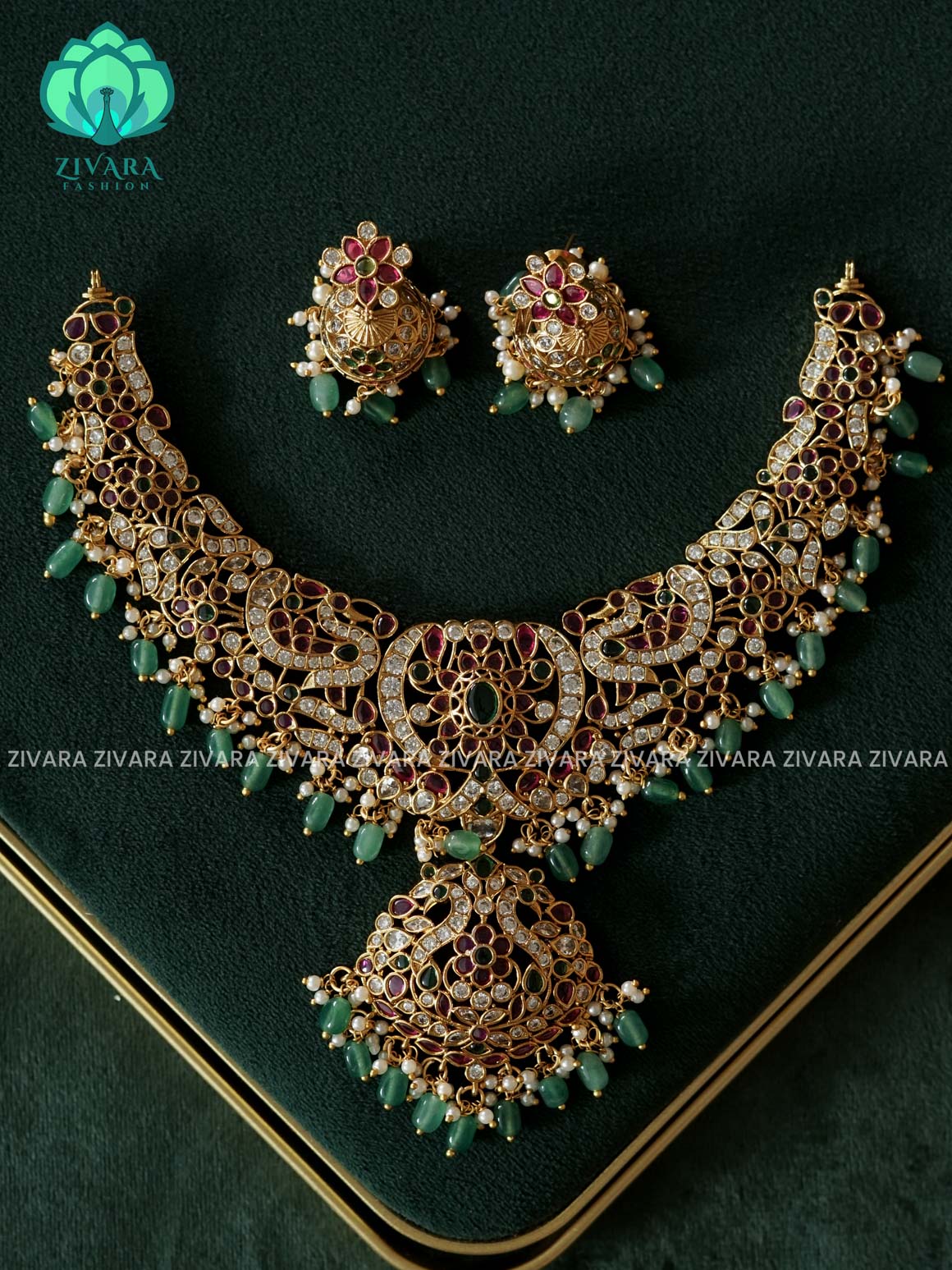 BRIDAL REAL KEMP STONE HASLI WITH GREEN BEADS NECKWEAR - Traditional south indian premium neckwear with earrings- Zivara Fashion- latest jewellery design