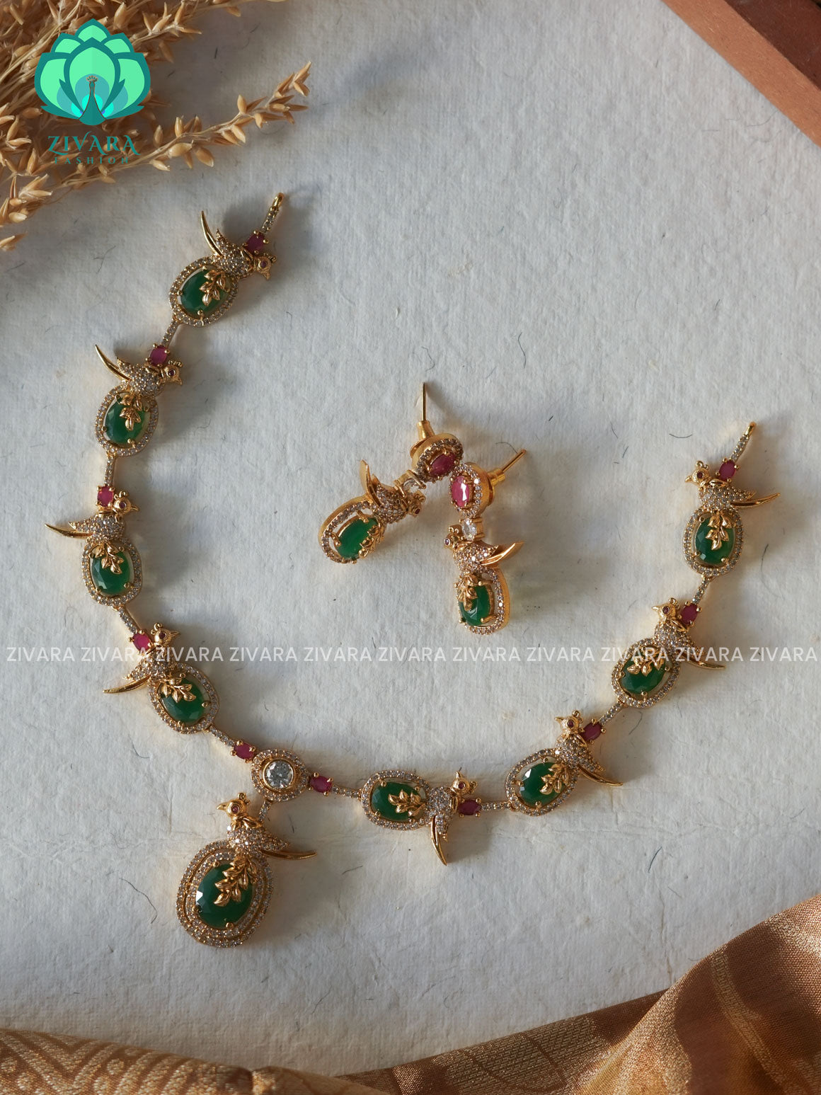 BRIGHT GOLD POLISH BIRD   - Traditional south indian premium neckwear with earrings- Zivara Fashion- latest jewellery desigN