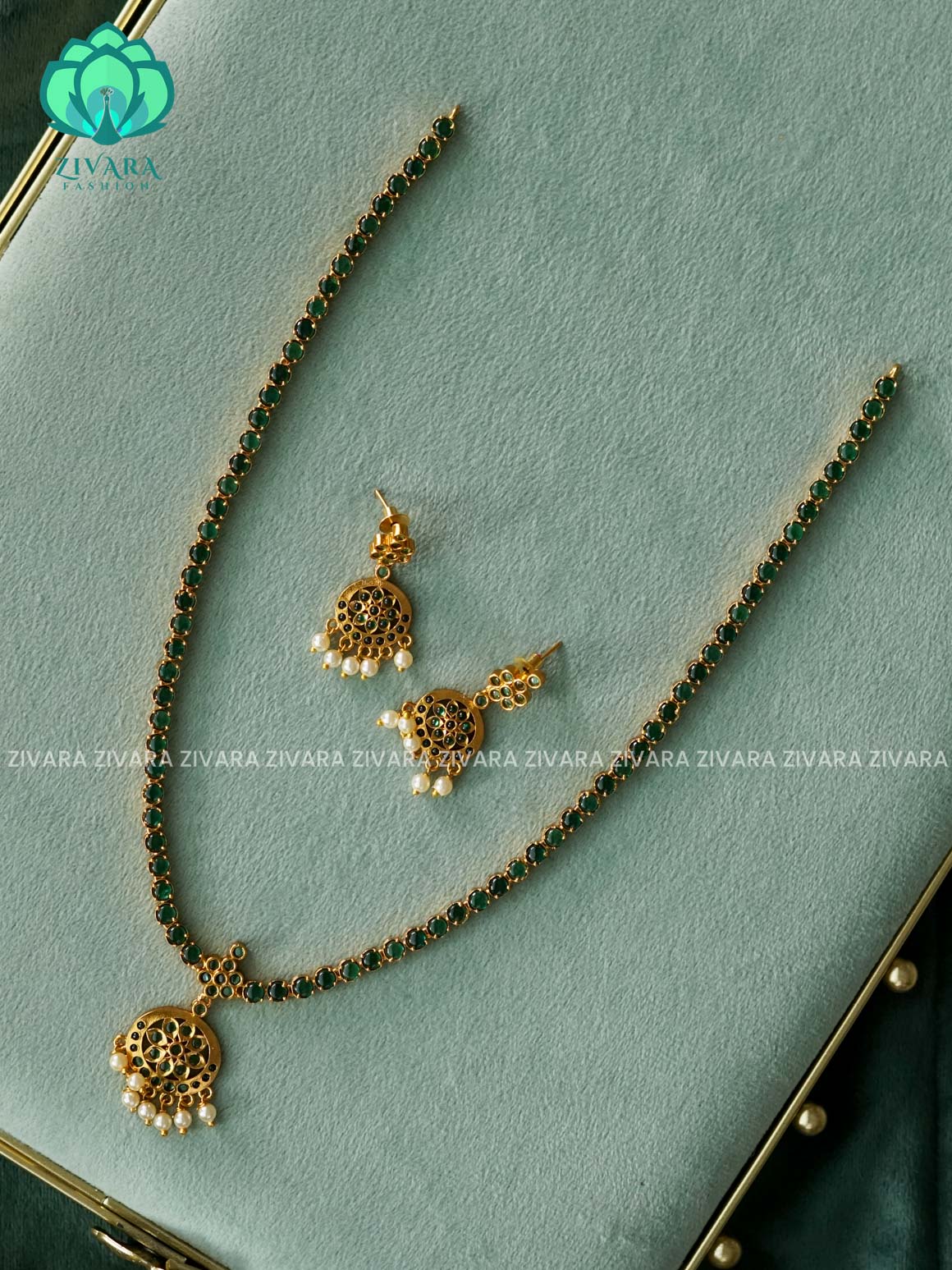 GREEN EVERGREEN  - Traditional PREMIUM MATTE polish MIDCHEST haaram/neckwear with earrings- Zivara Fashion