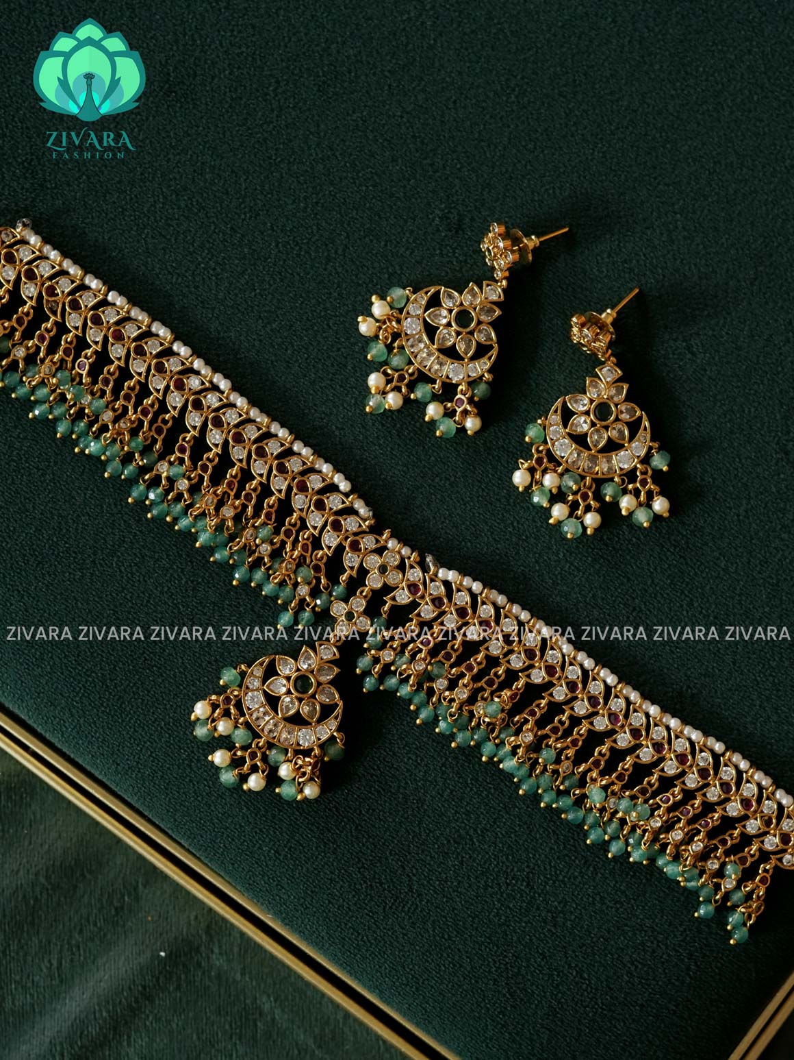 TRENDING BRIDALCHOKER WITH GREEN BEADS - Premium finish- Zivara Fashion