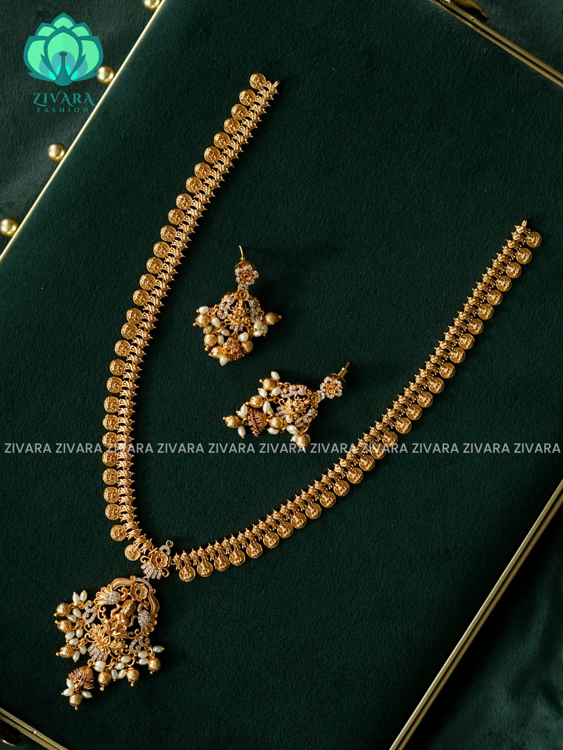 TEMPLE COIN LONG CHAIN  - Traditional PREMIUM MATTE polish MIDCHEST haaram/neckwear with earrings- Zivara Fashion