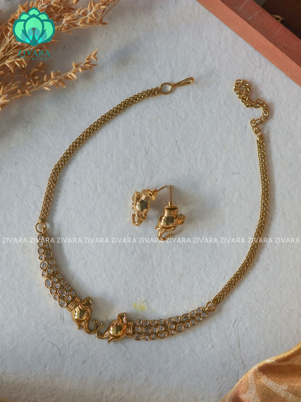 WHITE KIDS FRIENDLY ELEPHANT HASLI  -Traditional south indian premium neckwear with earrings- Zivara Fashion- latest jewellery design