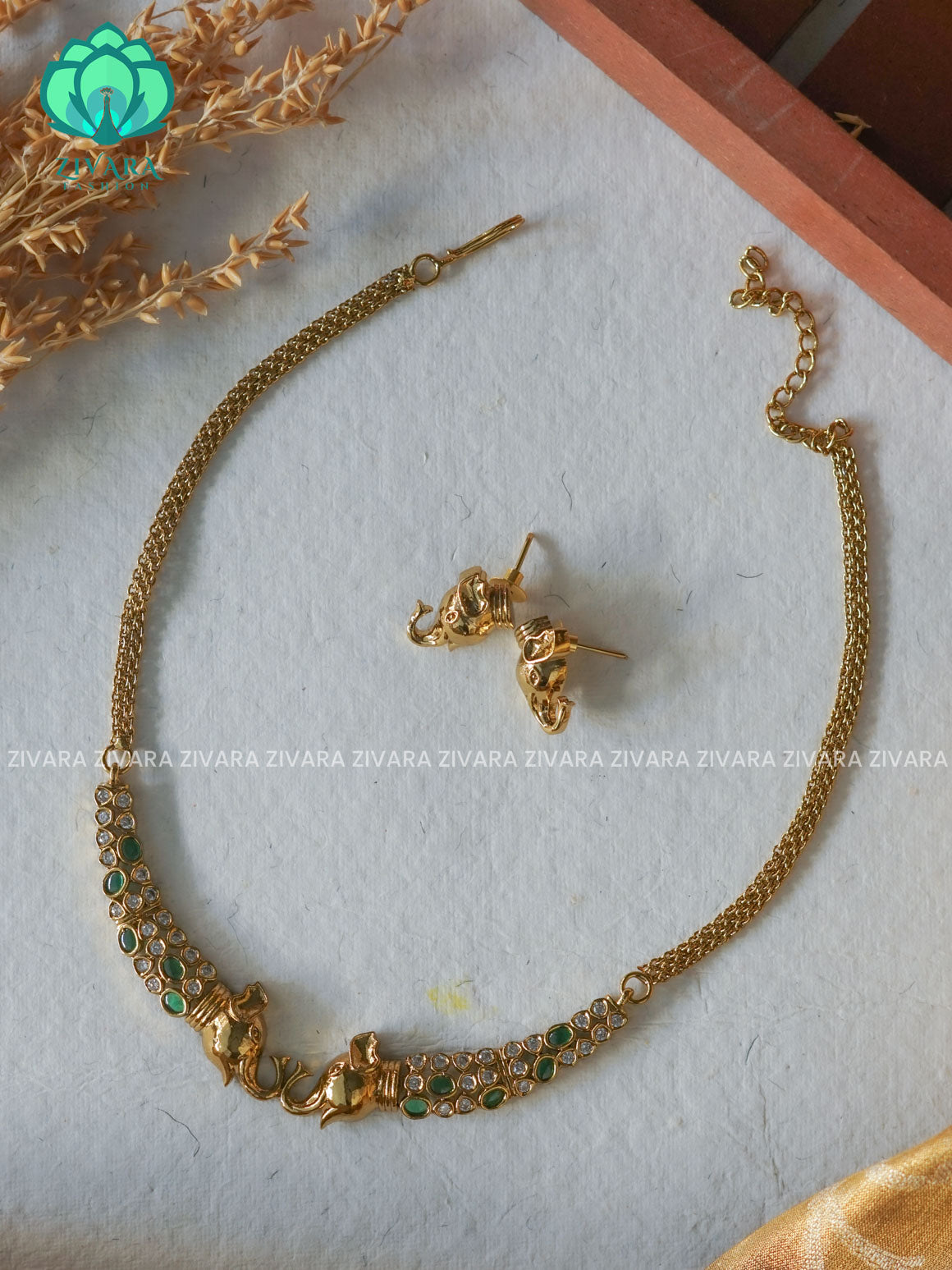 GREEN KIDS FRIENDLY ELEPHANT HASLI  -Traditional south indian premium neckwear with earrings- Zivara Fashion- latest jewellery design