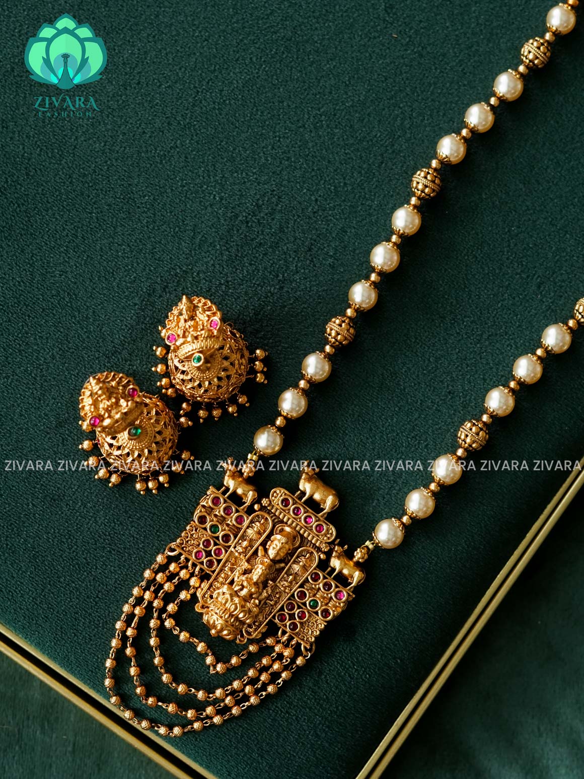 VISHALI  TEMPLE PENDANT GOLD BALL AND PEARL CHAIN - Traditional NORMAL MATTE polish MIDCHEST haaram/neckwear with earrings- Zivara Fashion