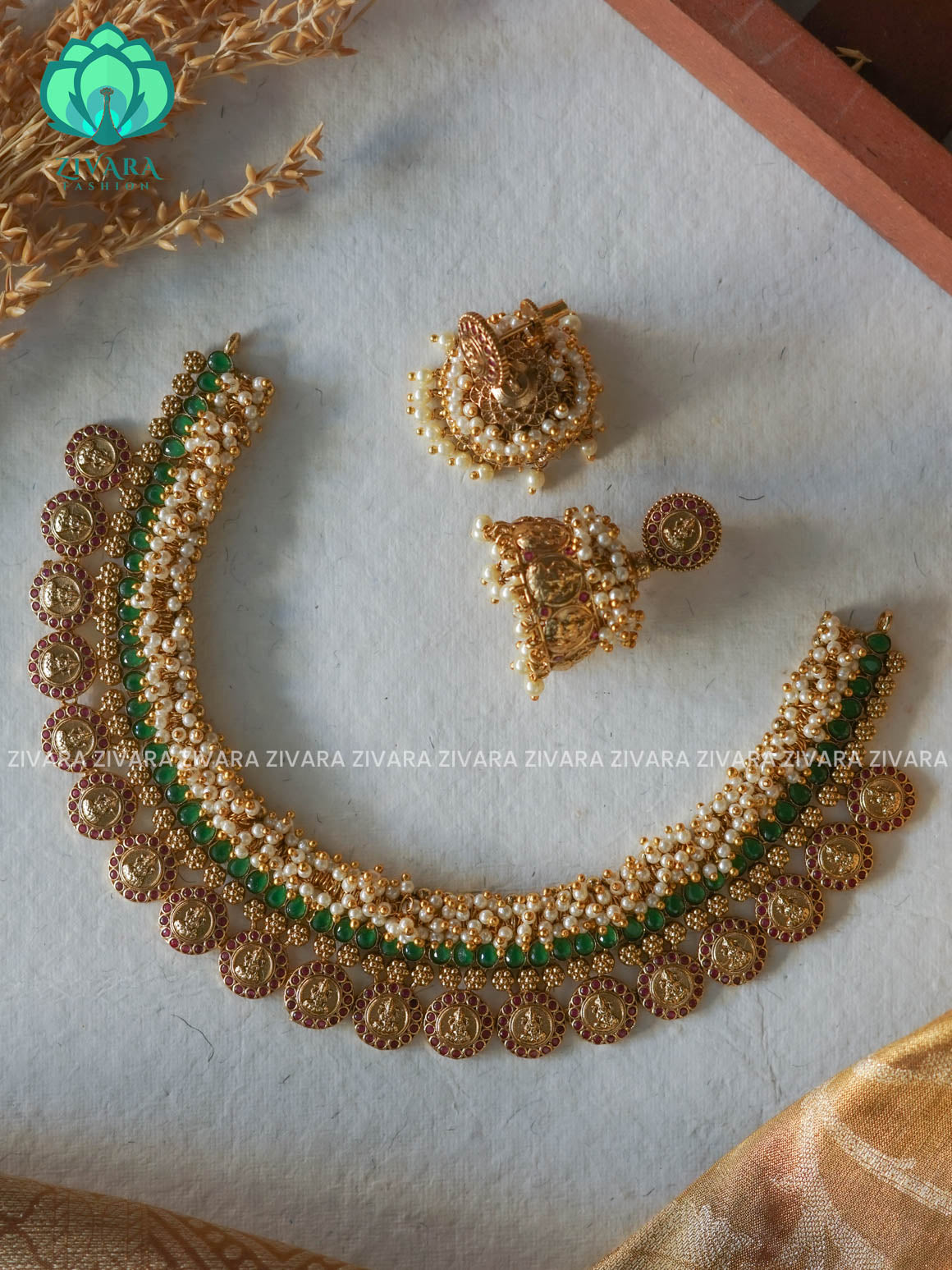 HOT SELLING GREEN STONE PEARL CLUSTER BRIDAL neckwear with earrings- Zivara Fashion