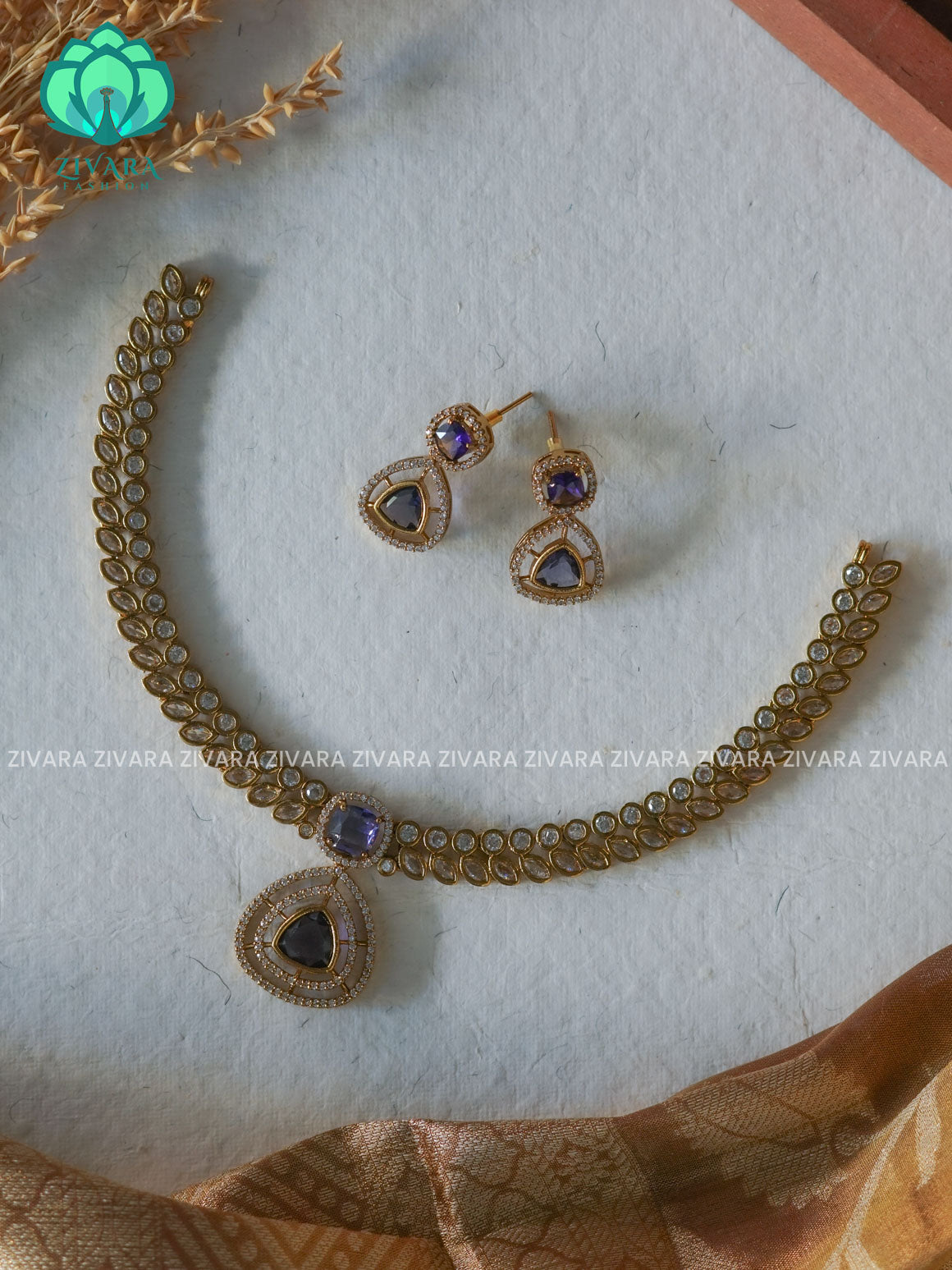 PURPLE LEAF WITH TRIANGLE PENDANT  stylish and minimal elegant neckwear with earrings- Zivara Fashion
