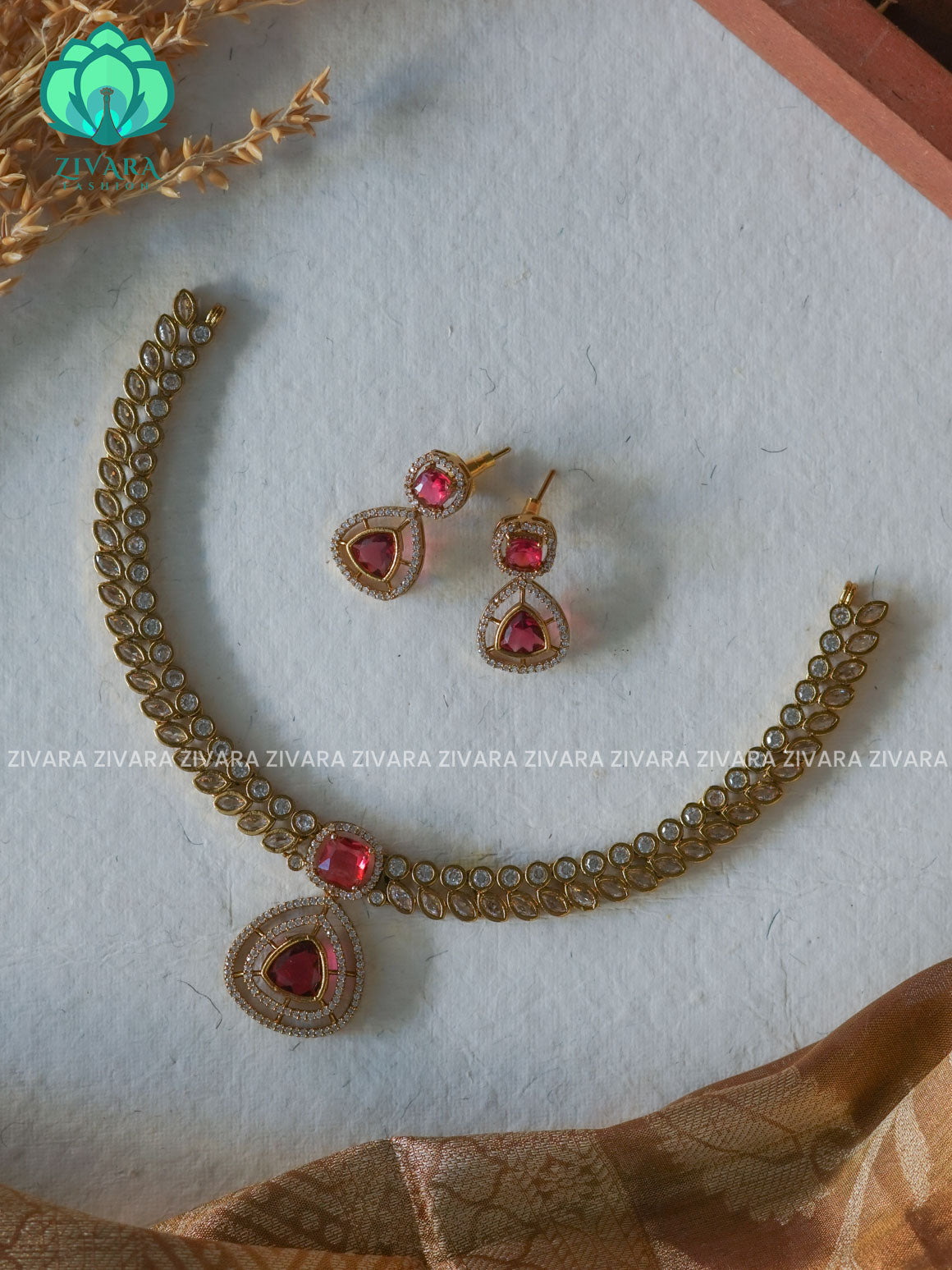 RUBY LEAF WITH TRIANGLE PENDANT  stylish and minimal elegant neckwear with earrings- Zivara Fashion