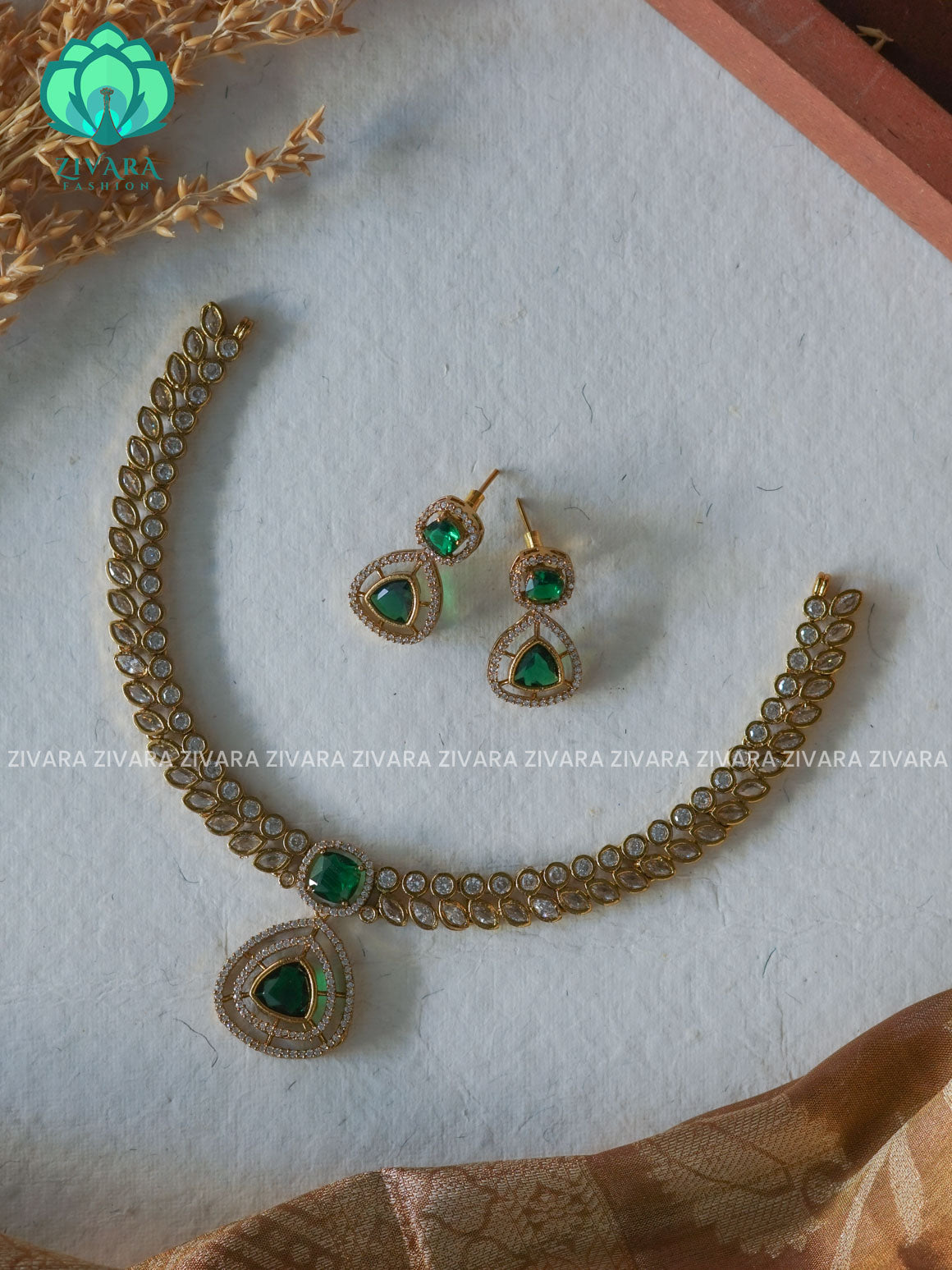 GREEN LEAF WITH TRIANGLE PENDANT  stylish and minimal elegant neckwear with earrings- Zivara Fashion