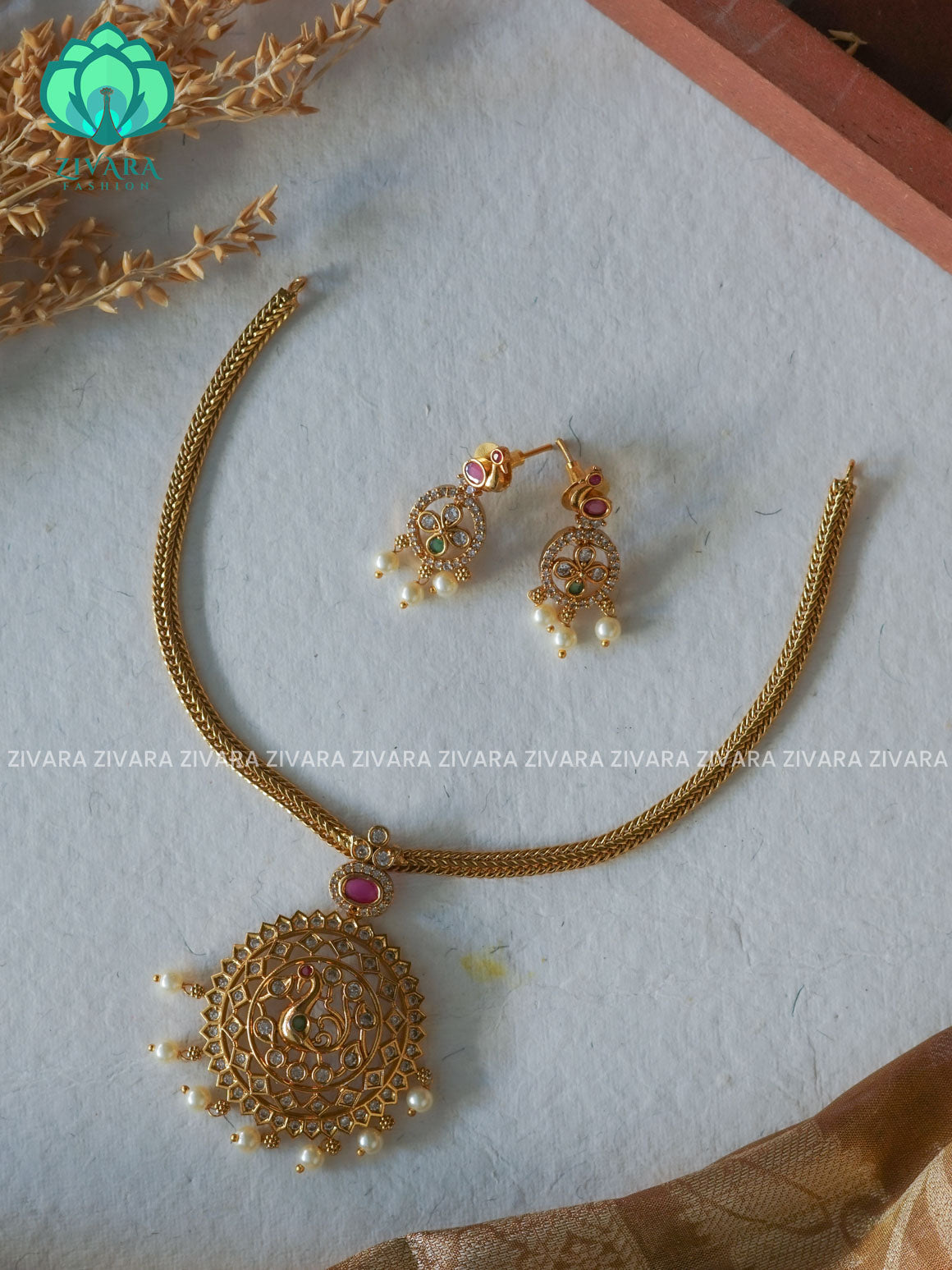 BIG ROUND PENDANT FLEXIBLE CHAIN  -Traditional south indian premium neckwear WITH earrings- Zivara Fashion- latest jewellery design