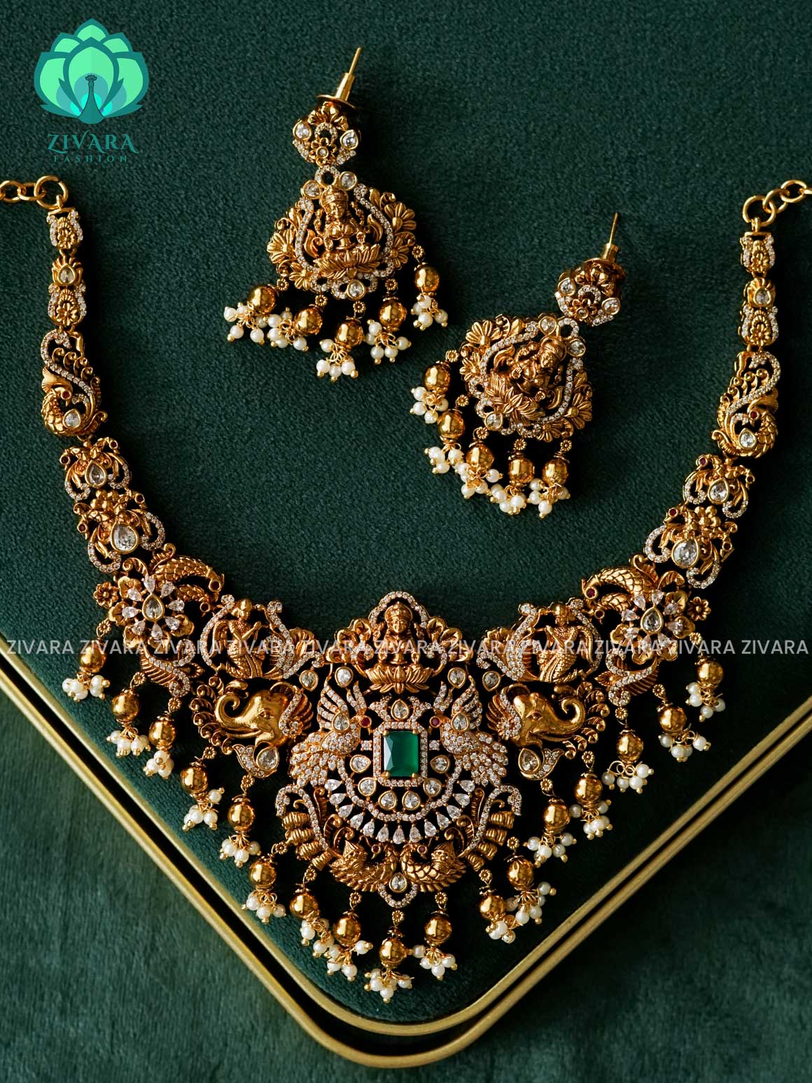 AKSHAYAM - TEMPLE ELEPHANT NECKWEAR WITH HANGINGS -Traditional south indian premium neckwear with earrings- Zivara Fashion- latest jewellery design