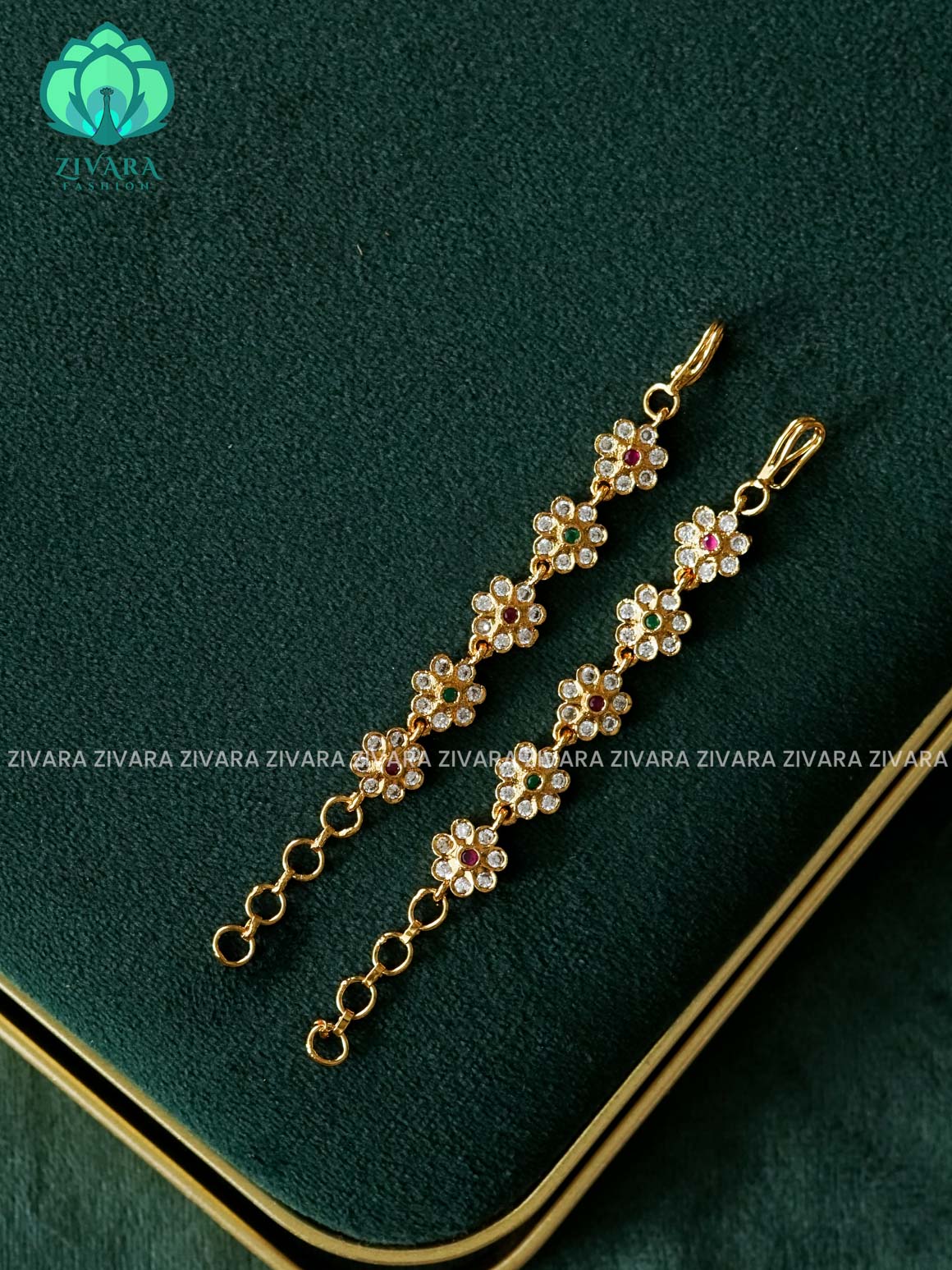 FLOWER MOTIF straight premium finish bridal earchain maatal- south indian kemp bridal accessory
