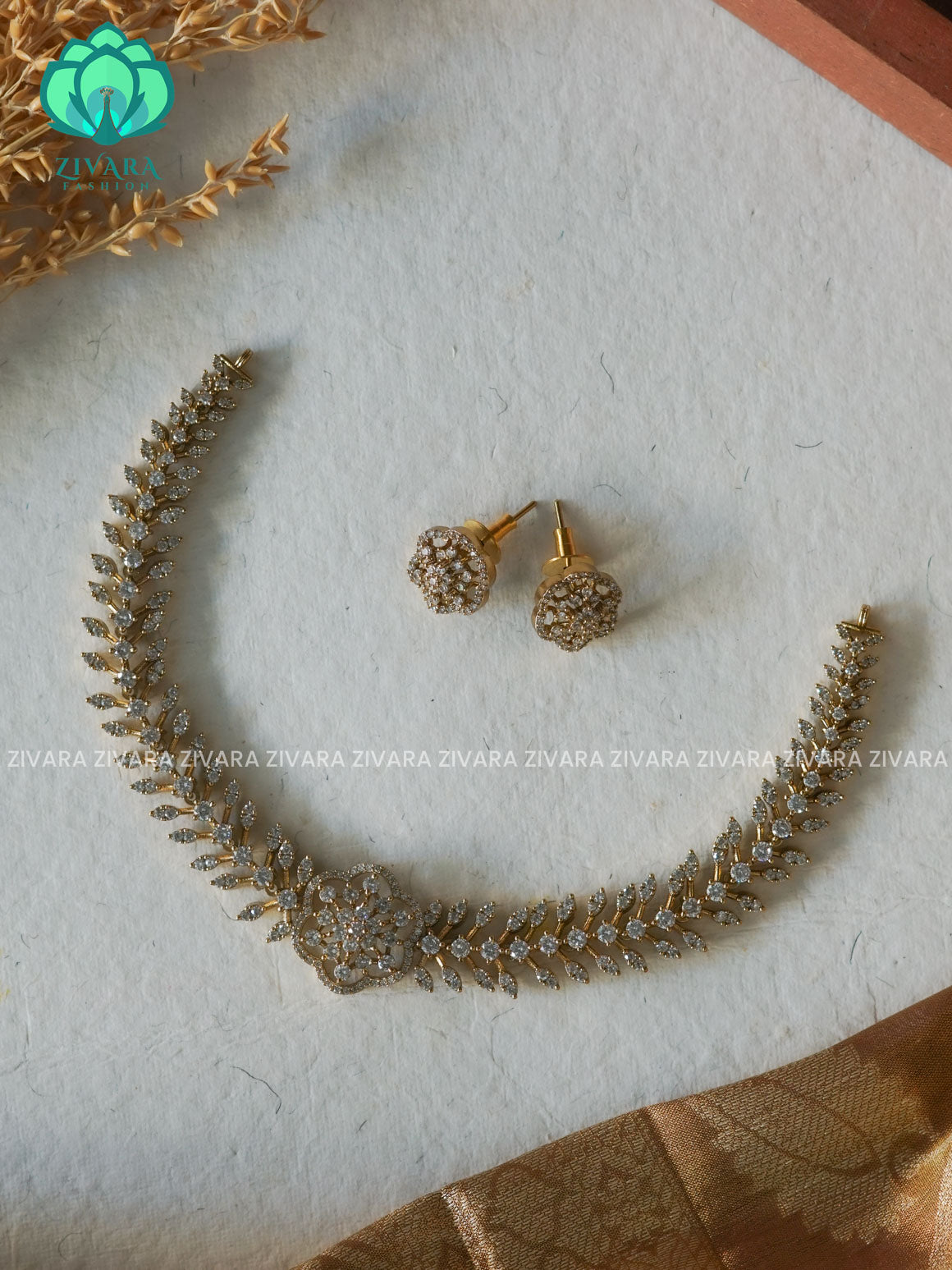 WHITE STONE STAR  -  diamond replica stylish and minimal elegant neckwear with earrings- Zivara Fashion