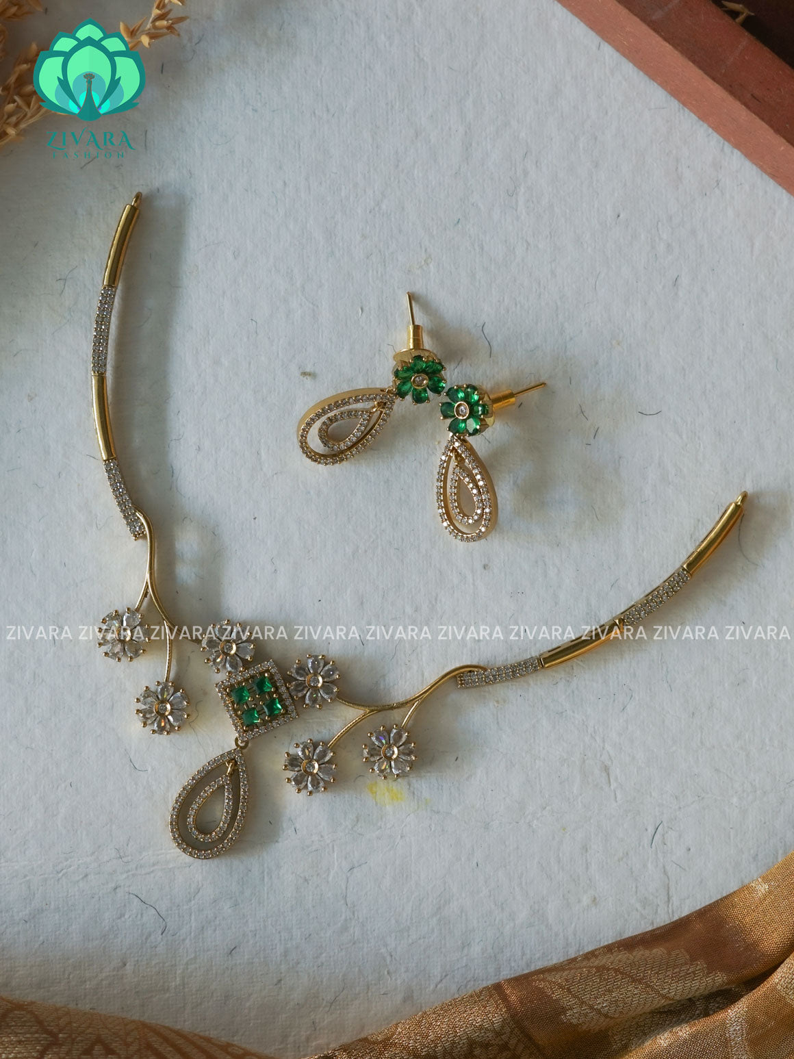GREEN  FLORAL HASLI   -  diamond replica stylish and minimal elegant neckwear with earrings- Zivara Fashion