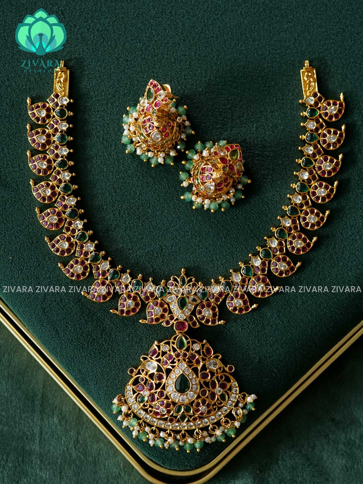 AKSHAYAM - REAL KEMP MANGA PEACOCK NECKWEAR - Traditional south indian premium neckwear with earrings- Zivara Fashion- latest jewellery design