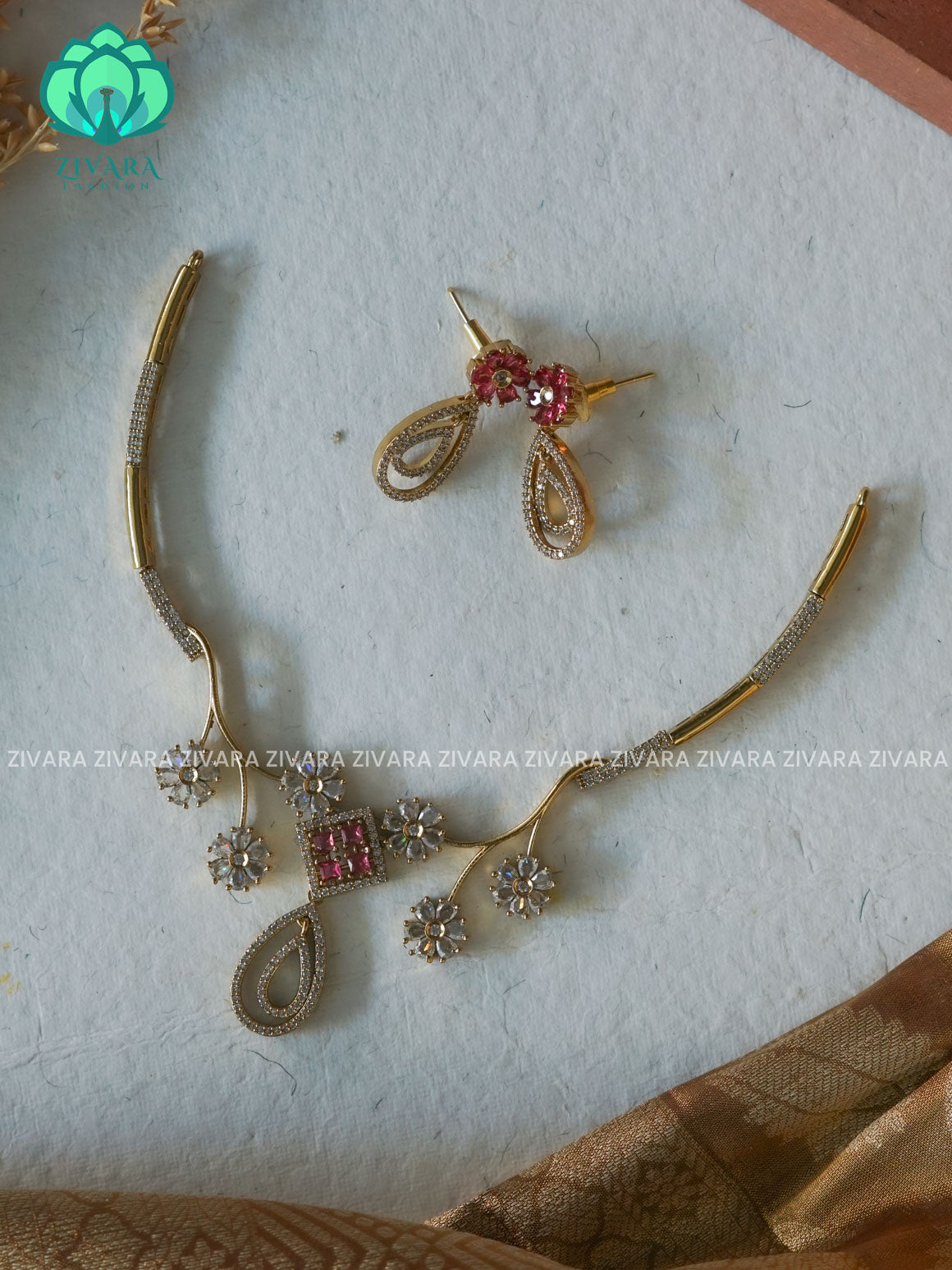 RUBY  FLORAL HASLI   -  diamond replica stylish and minimal elegant neckwear with earrings- Zivara Fashion