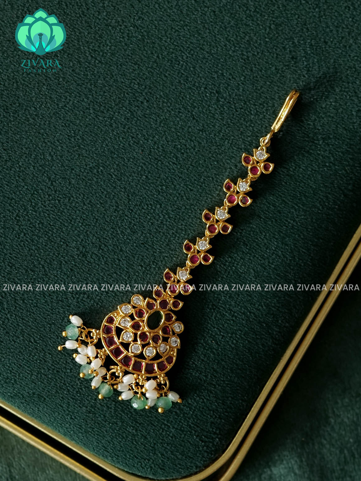 REAL KEMP FLOWER CHAND MOTIF CHUTTI WITH  HANGINGS - bridal head accessory- latest bridal collection - Zivara fashion