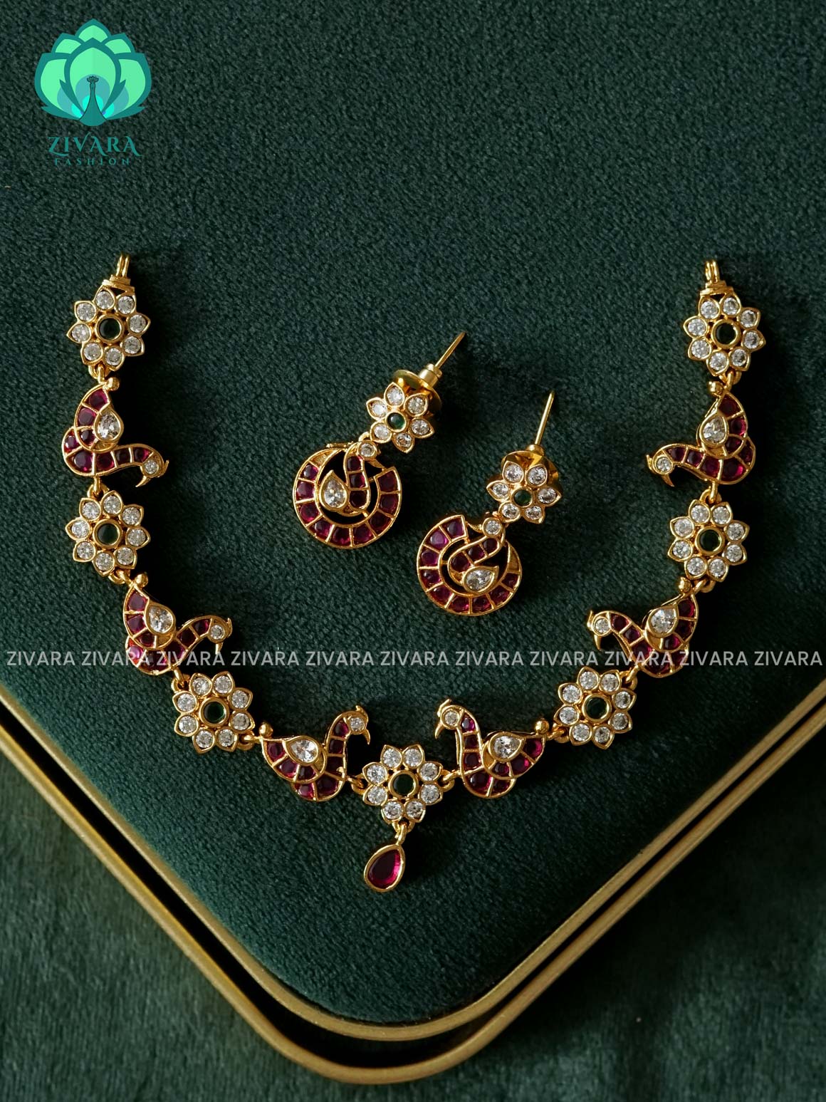 REAL KEMP PEACOCK  - FLEXIBLE CHAIN WITH HANGING -Traditional south indian premium neckwear with earrings- Zivara Fashion- latest jewellery design