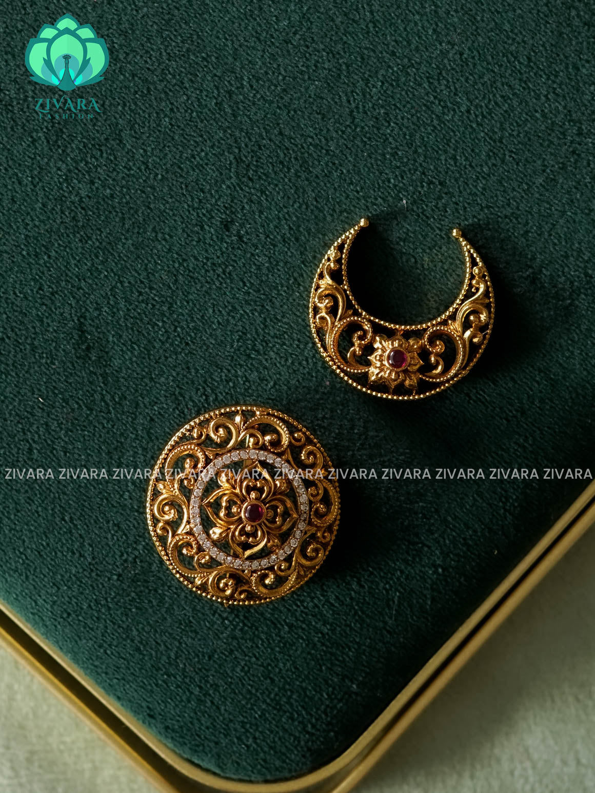 RUBY and GREEN -SUN MOON - SURYA CHANDRA -  SMALL SIZE TRADITIONAL(2 INCHES) REAL KEMP  HAIR ACCESSORIES- ZIVARA FASHION
