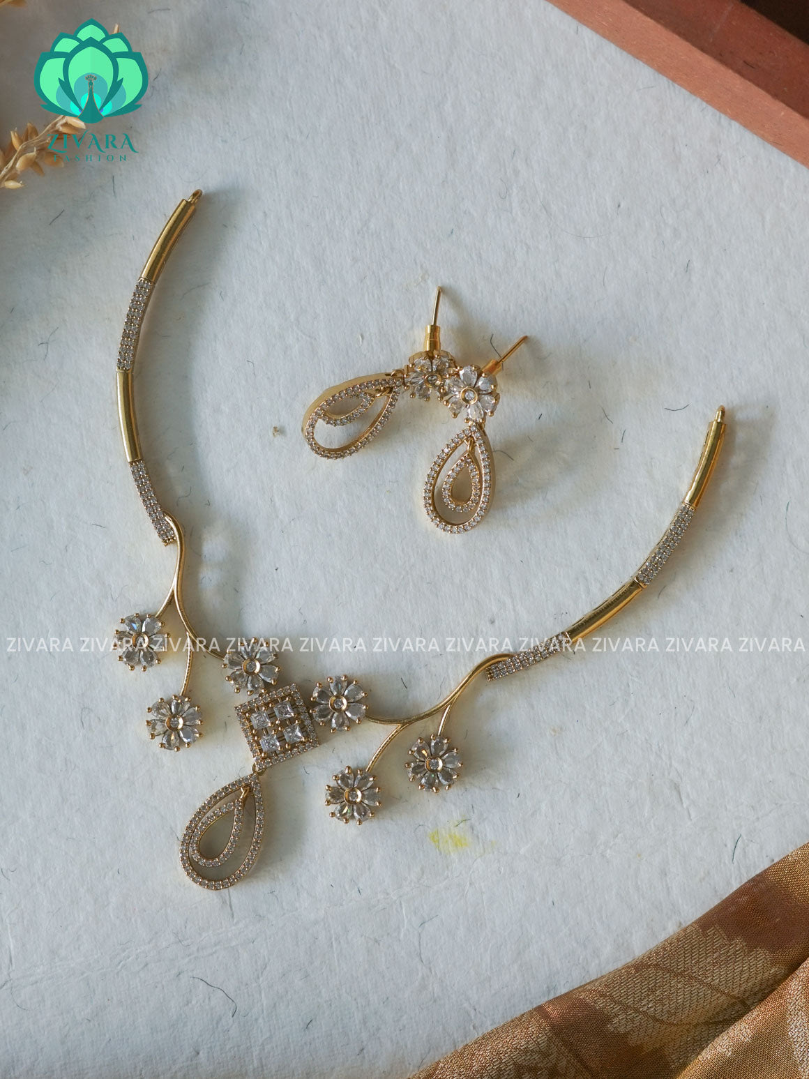 FLORAL HASLI   -  diamond replica stylish and minimal elegant neckwear with earrings- Zivara Fashion