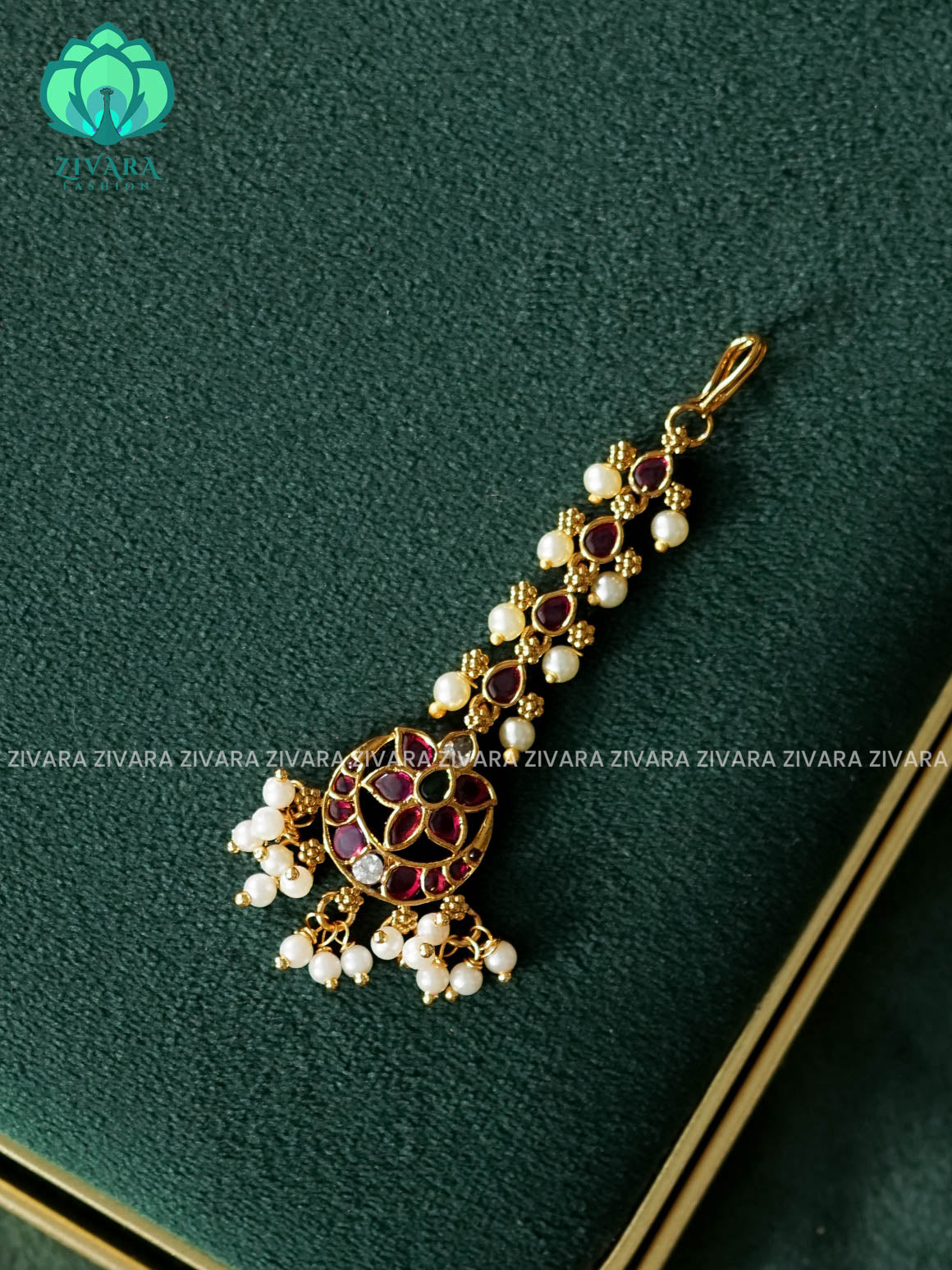 REAL KEMP FLOWER CHAND MOTIF CHUTTI WITH  HANGINGS - bridal head accessory- latest bridal collection - Zivara fashion