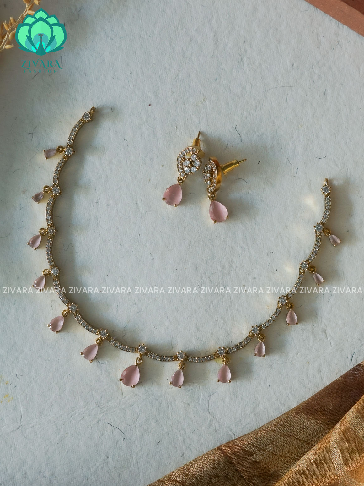 PASTEL PINK - TEAR GLAMOUROUS  -PREMIUM SUBTLE GOLD FINISH  stylish and minimal elegant neckwear with earrings- Zivara FashioN