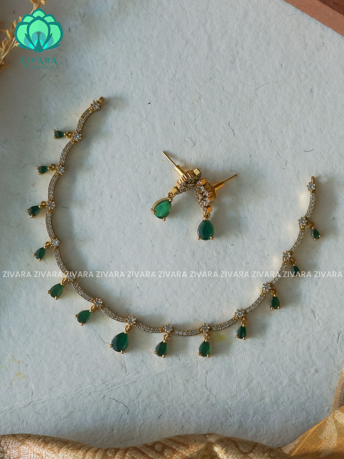 GREEN - TEAR GLAMOUROUS  -PREMIUM SUBTLE GOLD FINISH  stylish and minimal elegant neckwear with earrings- Zivara FashioN