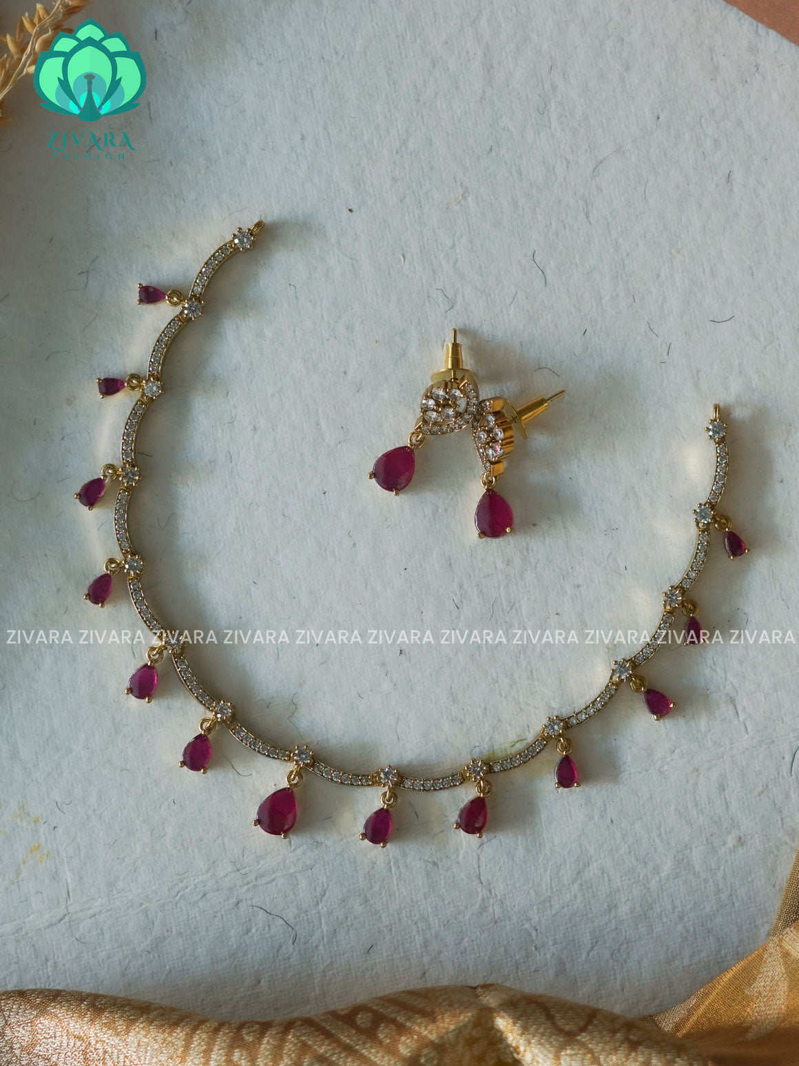 RUBY- TEAR GLAMOUROUS  -PREMIUM SUBTLE GOLD FINISH  stylish and minimal elegant neckwear with earrings- Zivara FashioN
