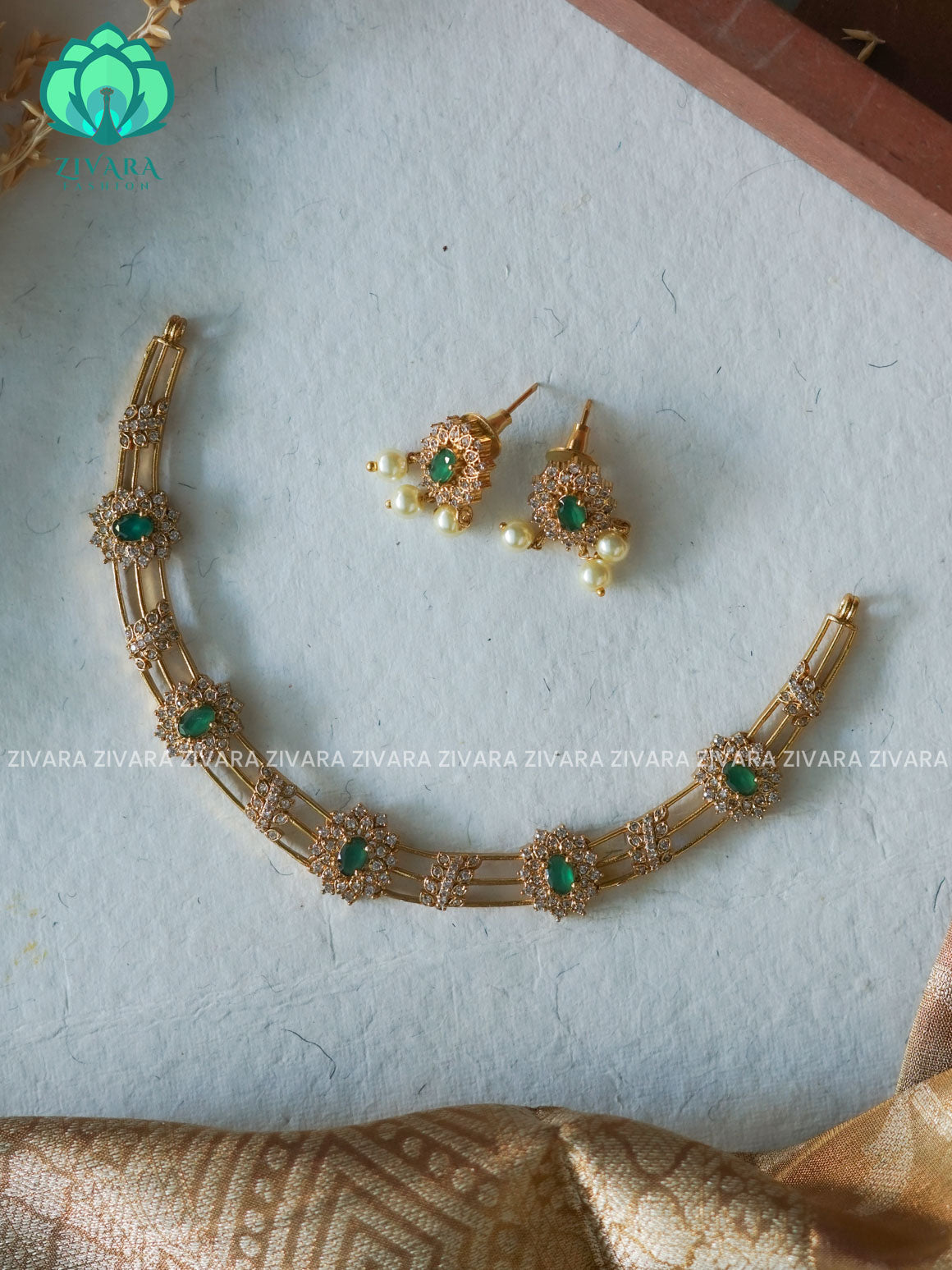 GREEN-HASLI -Traditional south indian premium neckwear with earrings- Zivara Fashion- latest jewellery design