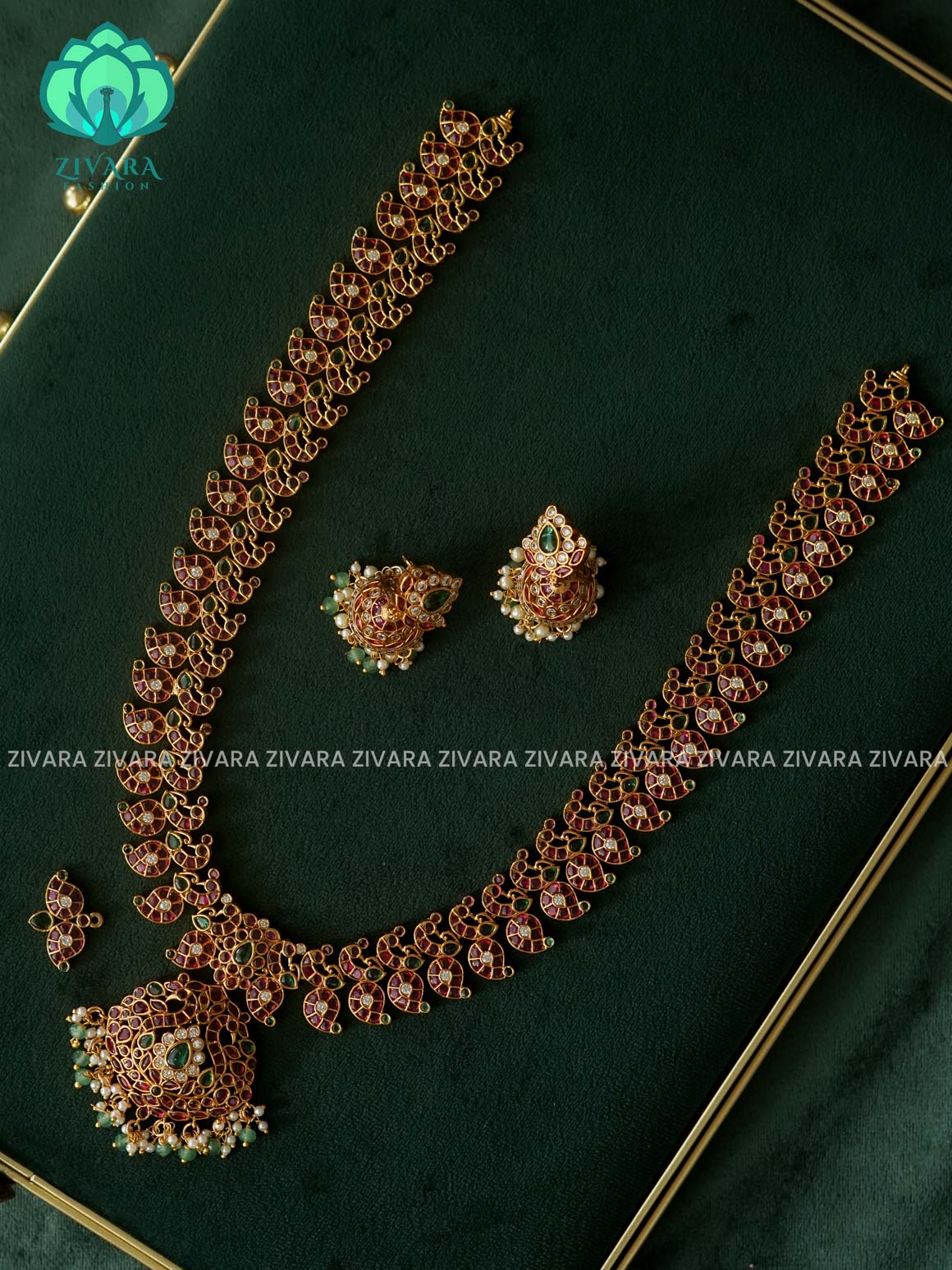 REAL KEMP MANGO - Traditional PREMIUM MATTE polish MIDCHEST haaram/neckwear with earrings- Zivara Fashion