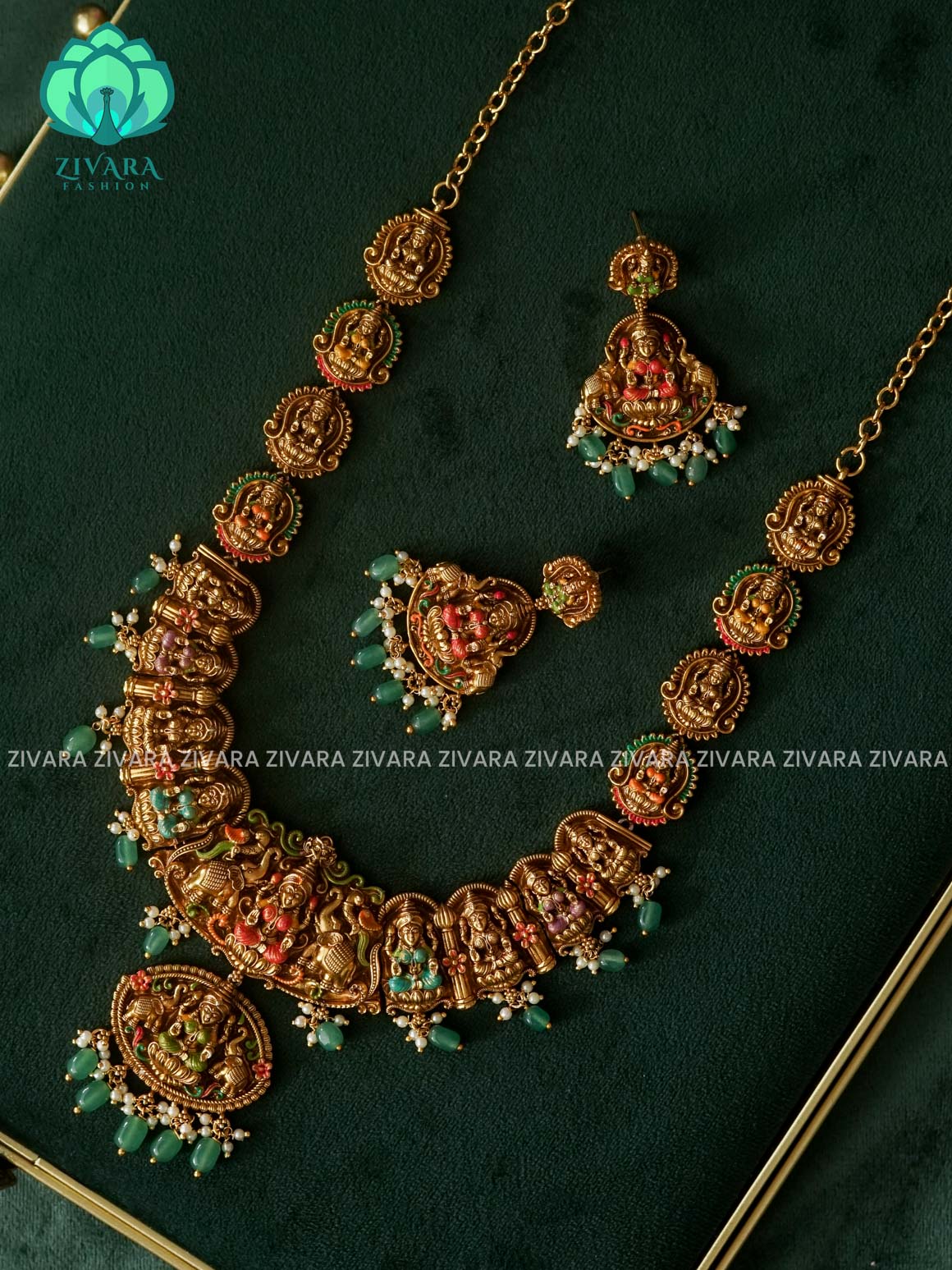 MADHURYA -  GRAND BRIDAL GAJALAKSHMI  MIDCHEST haram handpainted - Traditional south indian premium neckwear with earrings- Zivara Fashion