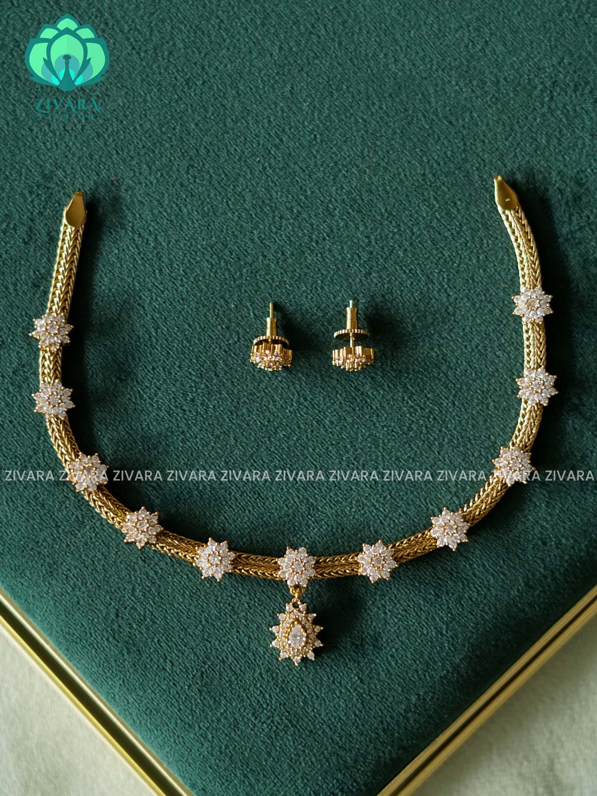 DARK POLISH WITH BRIGHT WHITE STONE FLORAL PENDANT FLEXIBLE CHAIN  -  Traditional south indian premium neckwear with earrings- Zivara Fashion- latest jewellery design